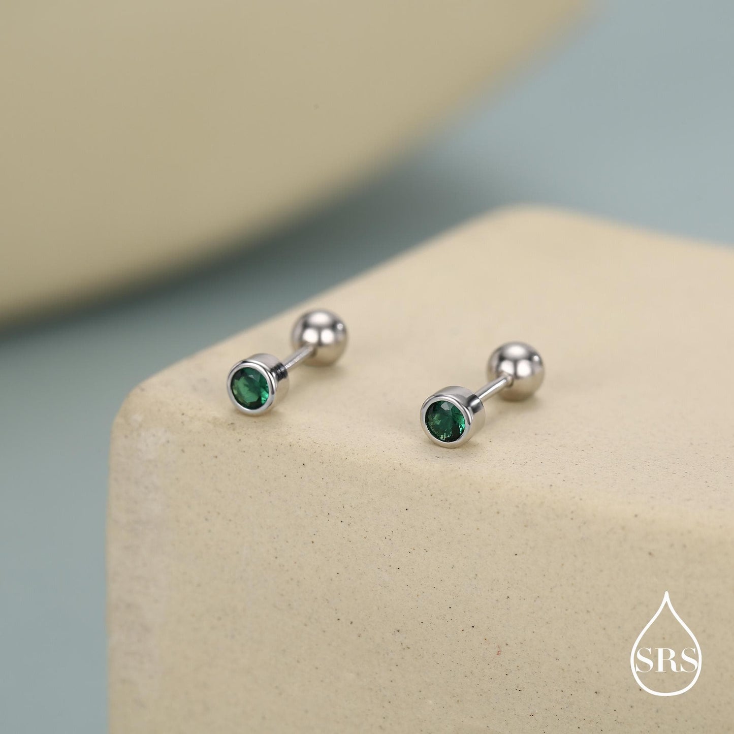 Extra Tiny Emerald Green Baguette CZ Screw Back Earrings in Sterling Silver, Silver or Gold, Stacking Earrings, Barbell Earrings