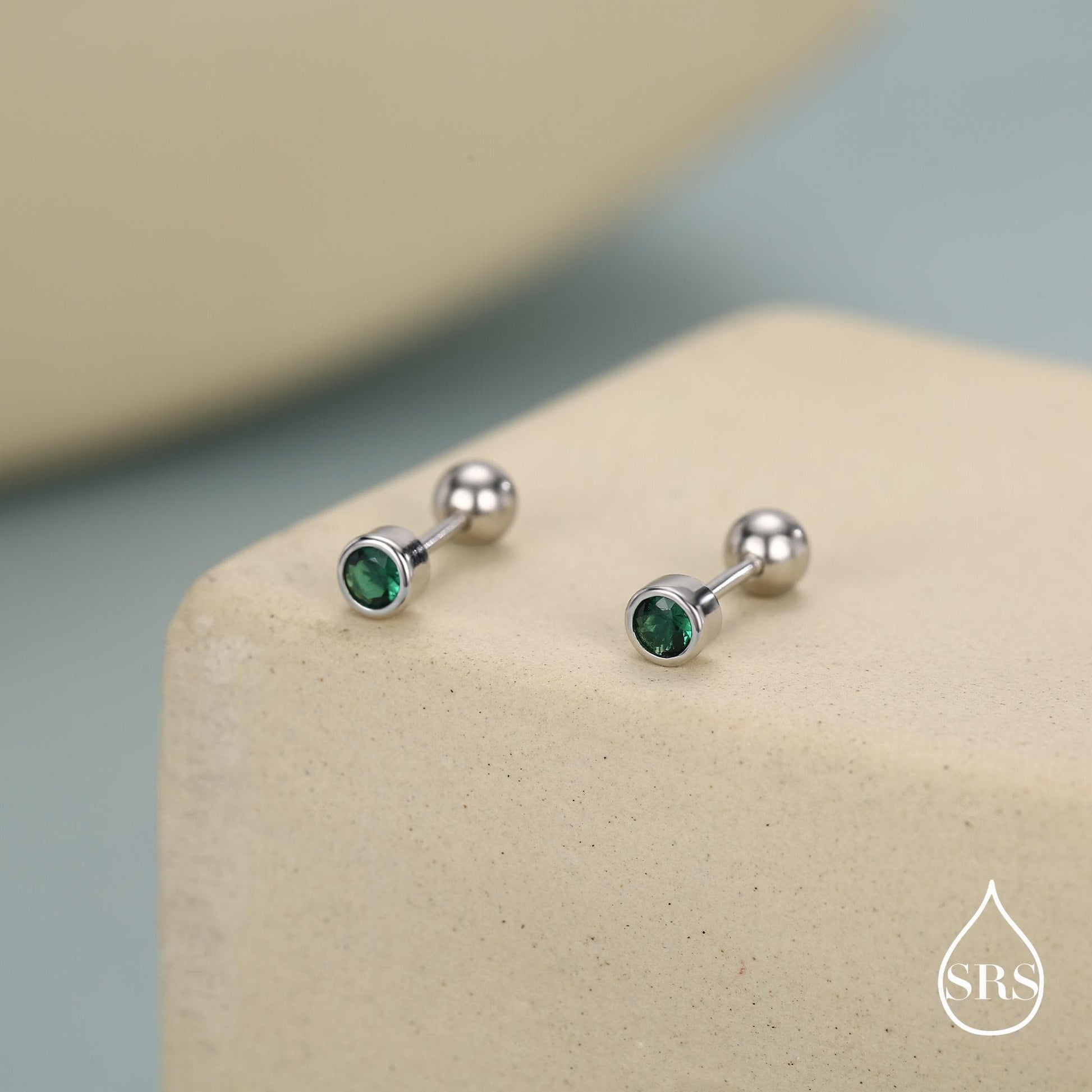 Extra Tiny Emerald Green Baguette CZ Screw Back Earrings in Sterling Silver, Silver or Gold, Stacking Earrings, Barbell Earrings