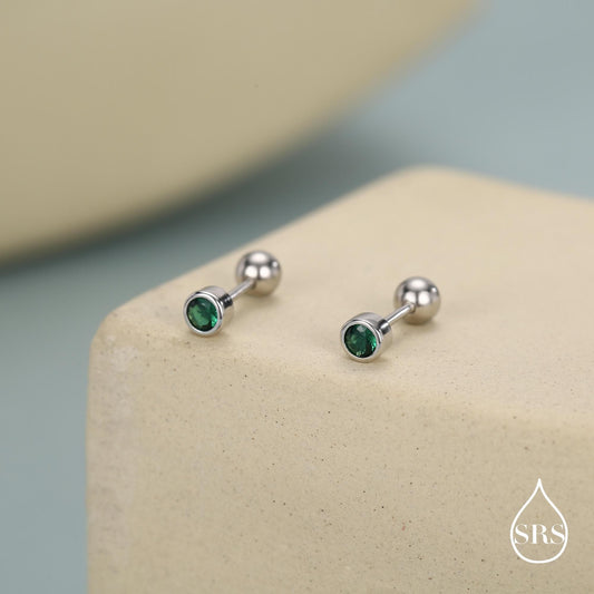 Extra Tiny Emerald Green Baguette CZ Screw Back Earrings in Sterling Silver, Silver or Gold, Stacking Earrings, Barbell Earrings
