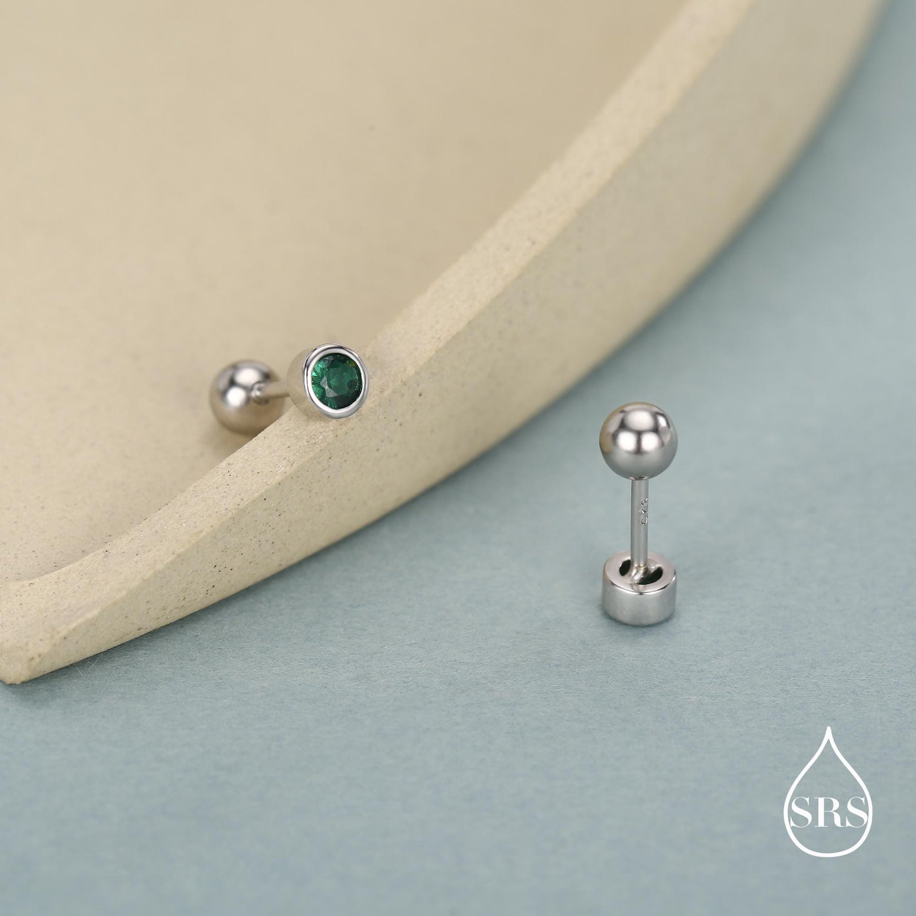 Extra Tiny Emerald Green Baguette CZ Screw Back Earrings in Sterling Silver, Silver or Gold, Stacking Earrings, Barbell Earrings