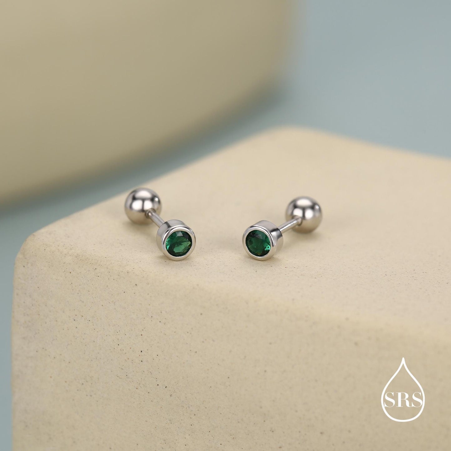 Extra Tiny Emerald Green Baguette CZ Screw Back Earrings in Sterling Silver, Silver or Gold, Stacking Earrings, Barbell Earrings