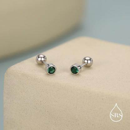 Extra Tiny Emerald Green Baguette CZ Screw Back Earrings in Sterling Silver, Silver or Gold, Stacking Earrings, Barbell Earrings