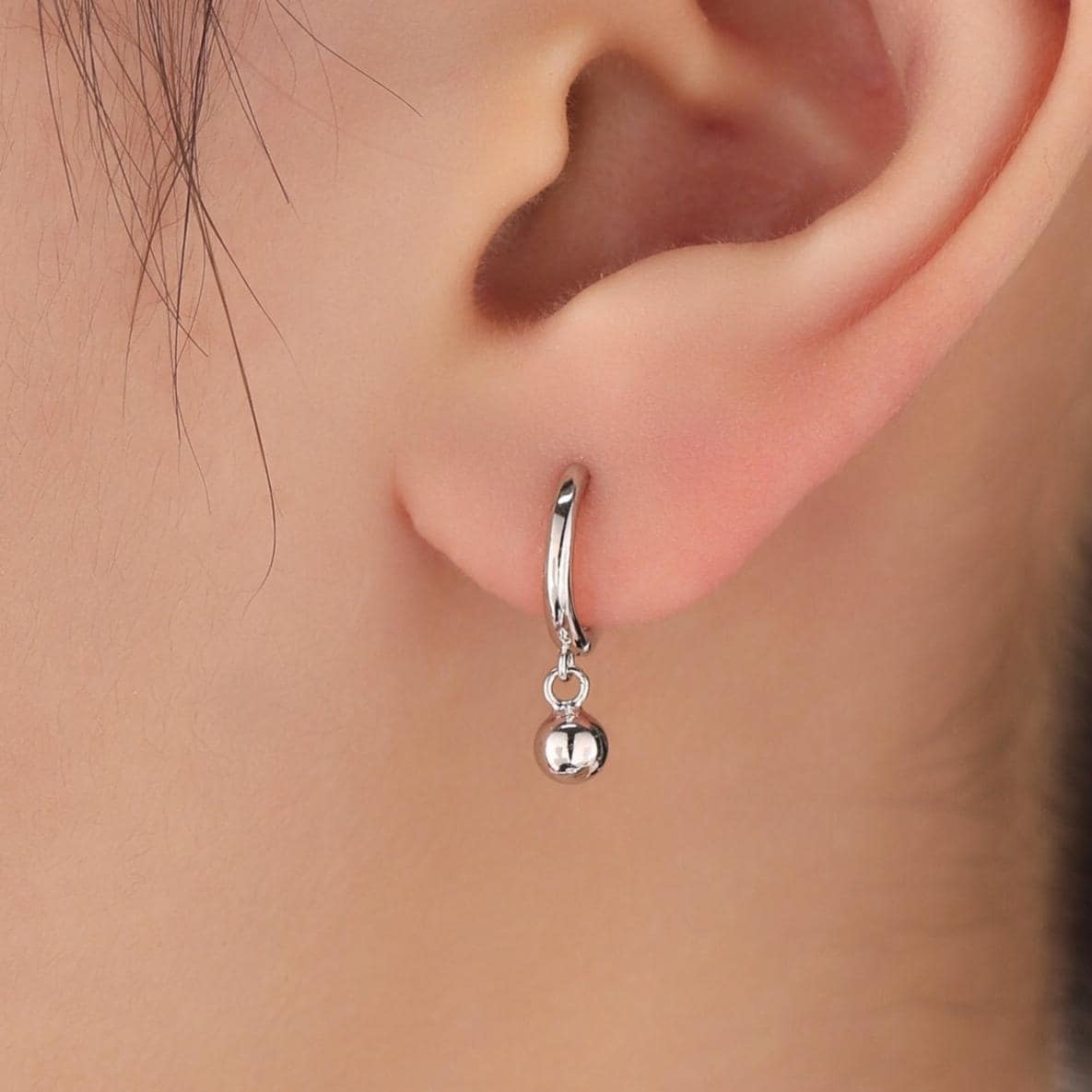Tiny Dangle Ball Hoop Earrings in Sterling Silver, 8mm Dangle Hoop Earrings, Silver, Gold or Rose Gold， Silver Ball Huggie Hoops