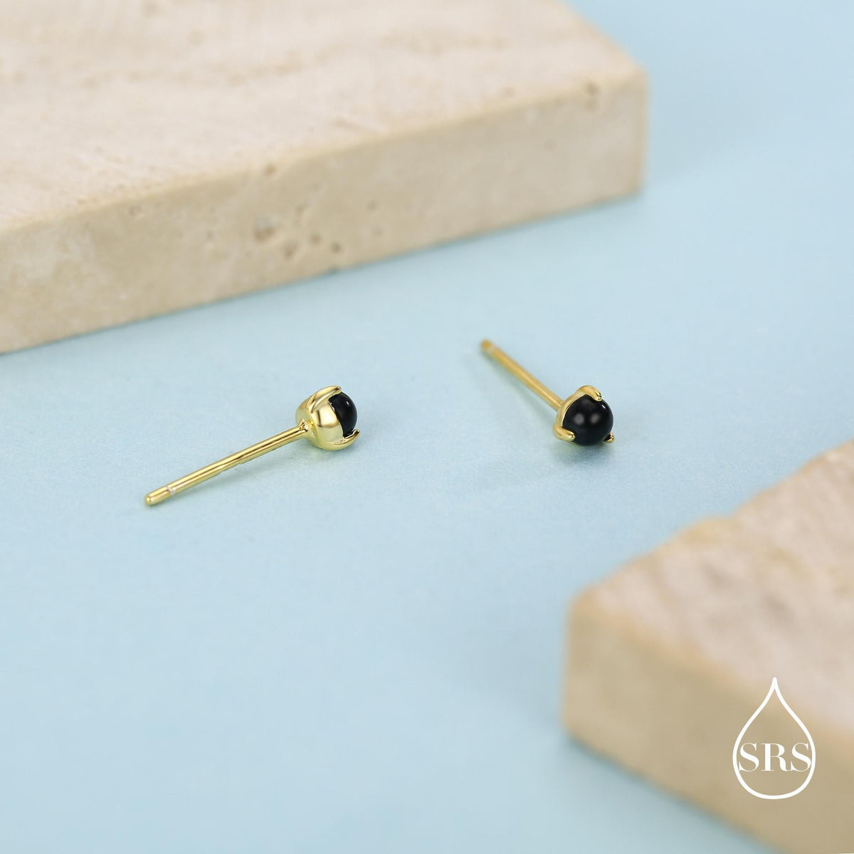 Natural Black Onyx Stud Earrings in Sterling Silver, Semi-Precious Gemstone Earrings, 3mm and 3 prong Genuine Black Onyx Earrings