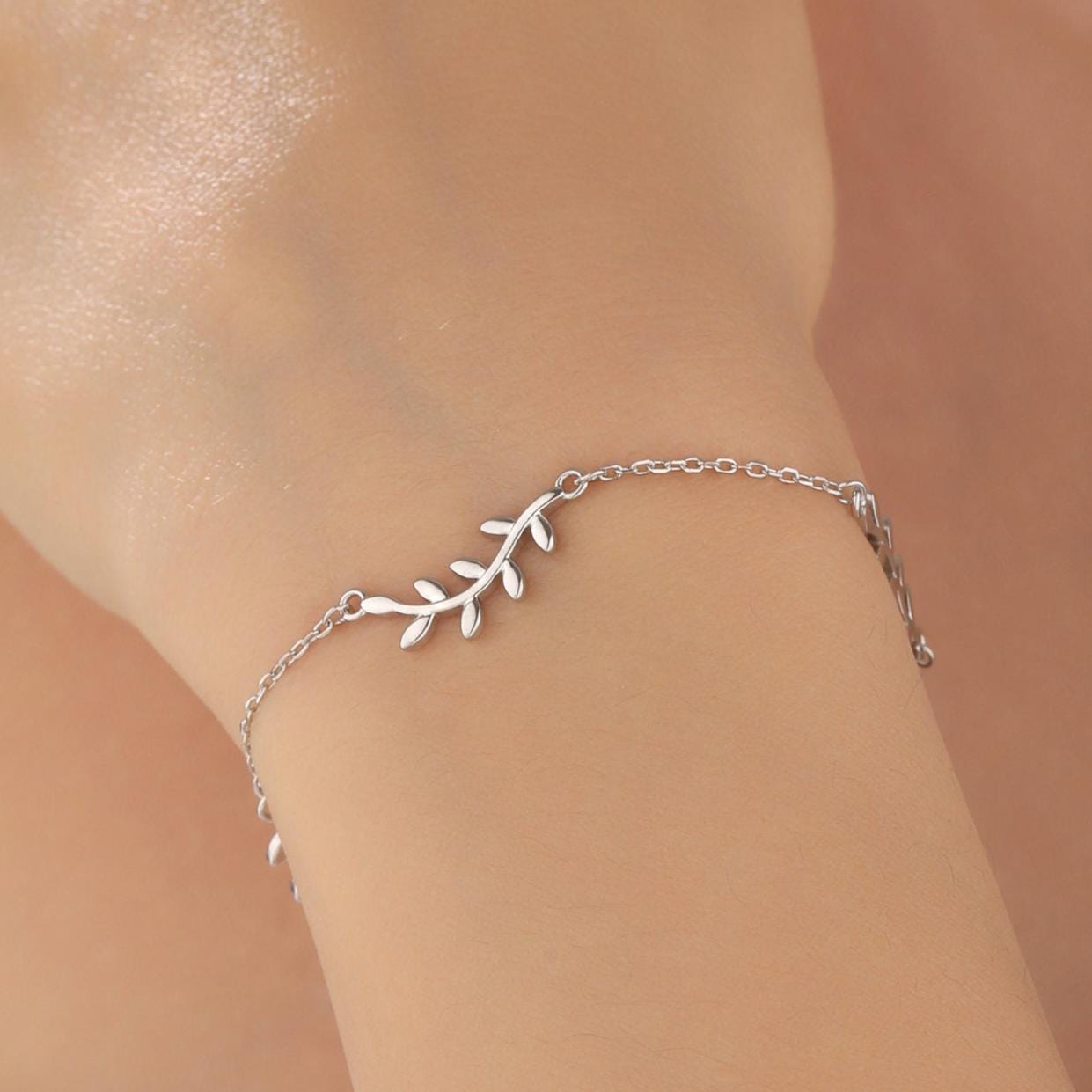 Leaf Motif Bracelet in Sterling Silver, Silver or Gold or Rose gold, Olive Leaf Bracelet, Olive Branch Bracelet