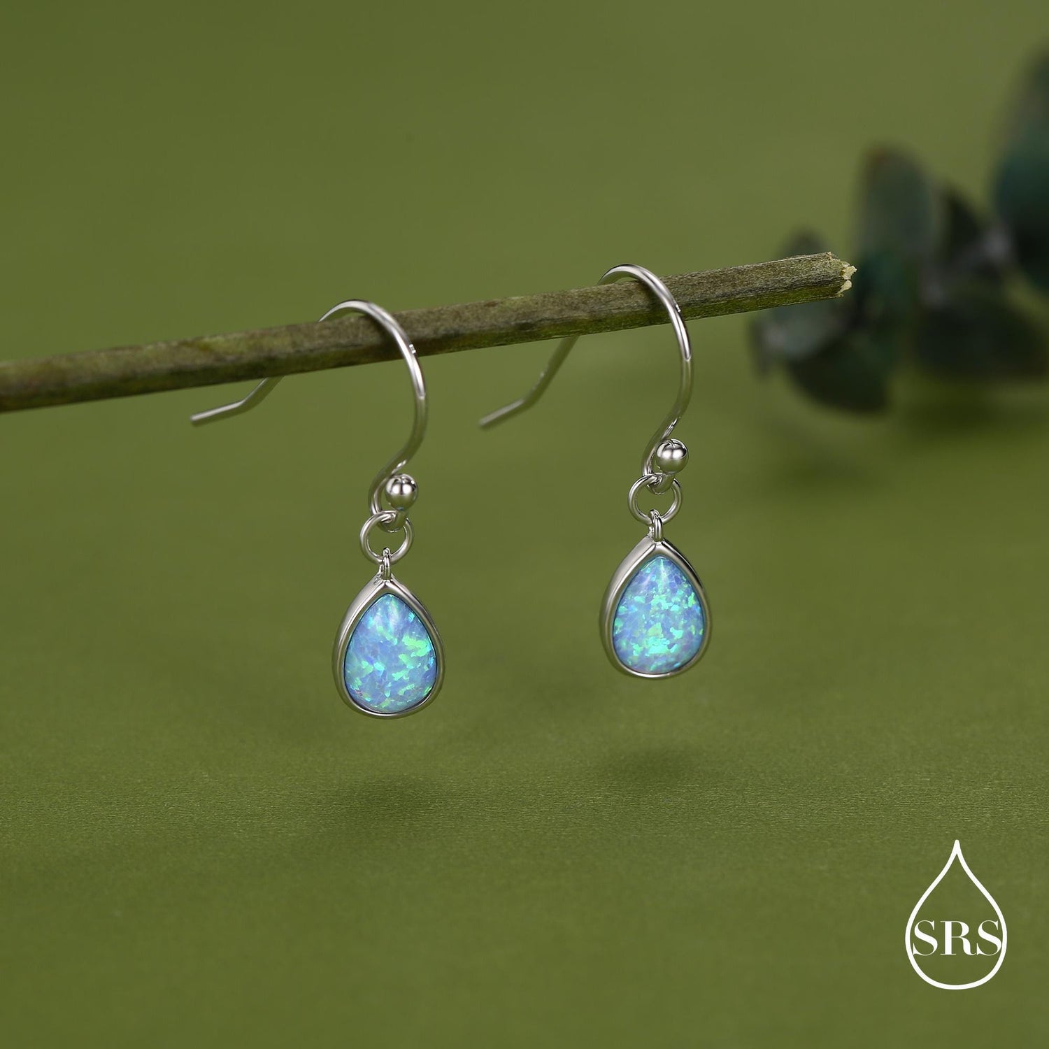 Blue Opal Droplet Drop Hook Earrings in Sterling Silver, Delicate Blue Opal Earrings, Pear Shape Opal Earrings
