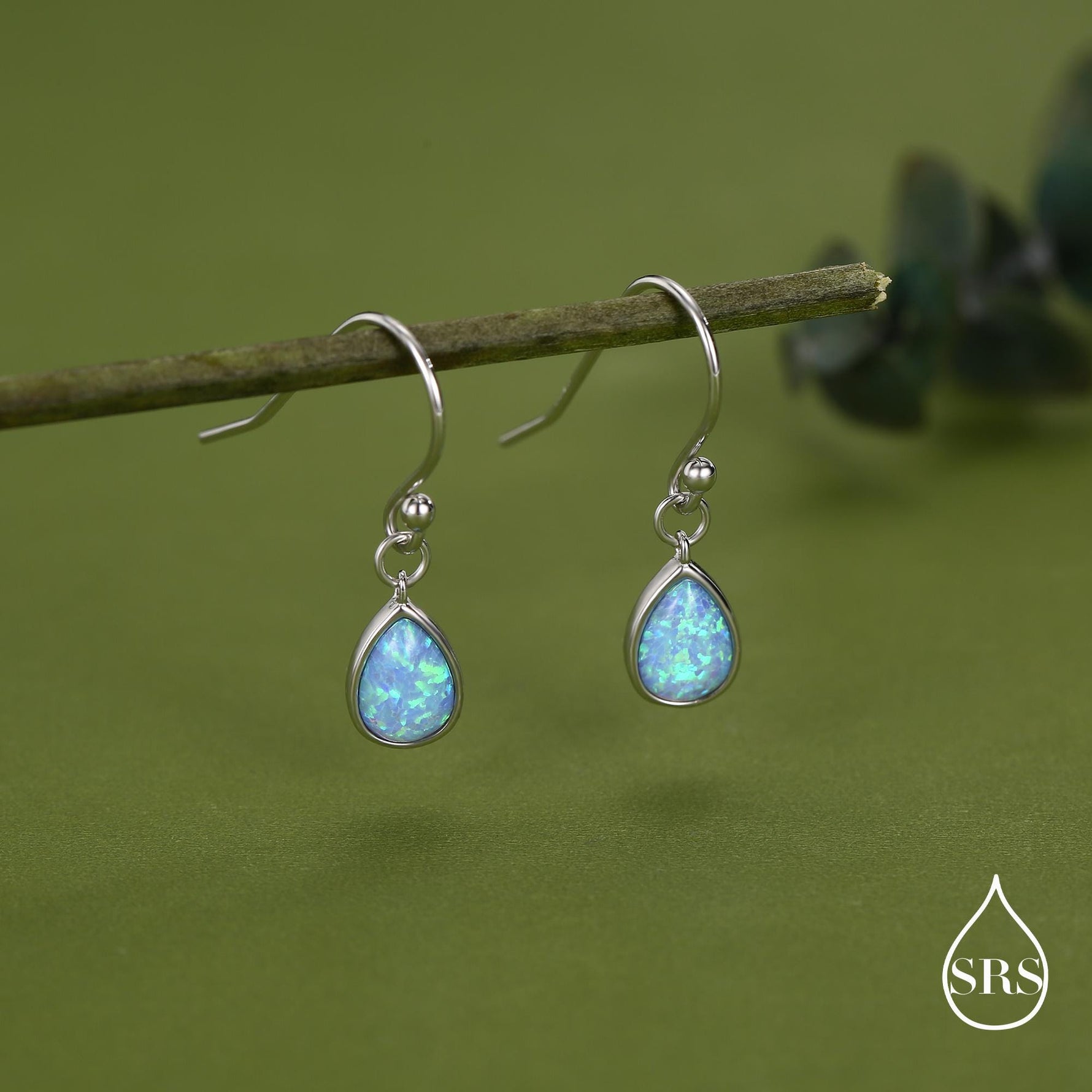 Blue Opal Droplet Drop Hook Earrings in Sterling Silver, Delicate Blue Opal Earrings, Pear Shape Opal Earrings