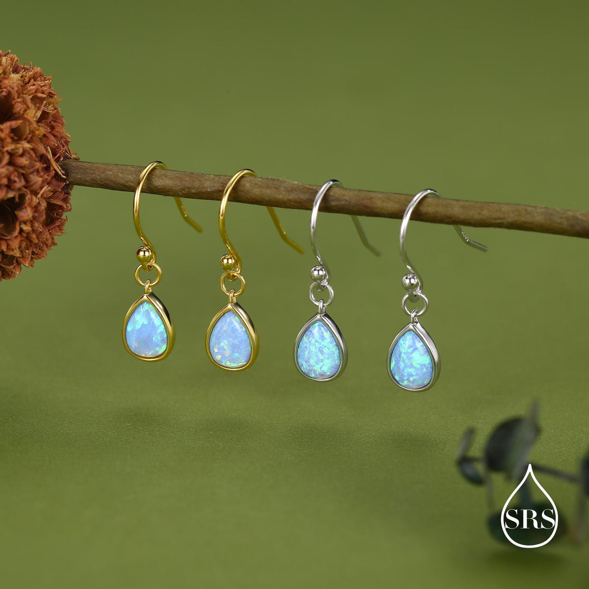 Blue Opal Droplet Drop Hook Earrings in Sterling Silver, Delicate Blue Opal Earrings, Pear Shape Opal Earrings