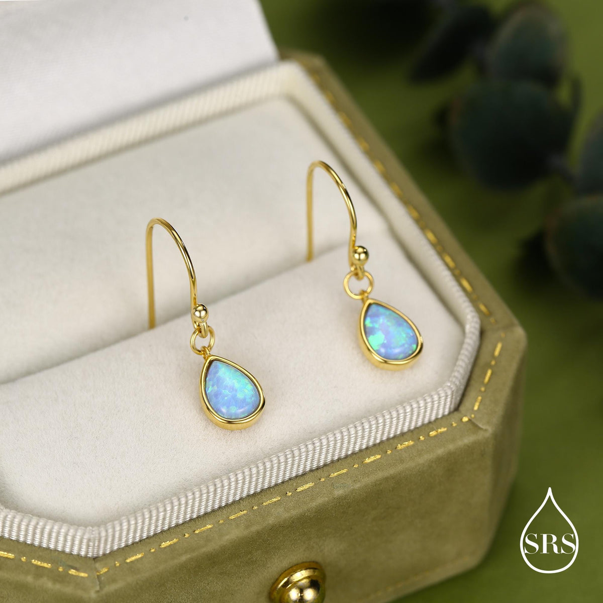 Blue Opal Droplet Drop Hook Earrings in Sterling Silver, Delicate Blue Opal Earrings, Pear Shape Opal Earrings