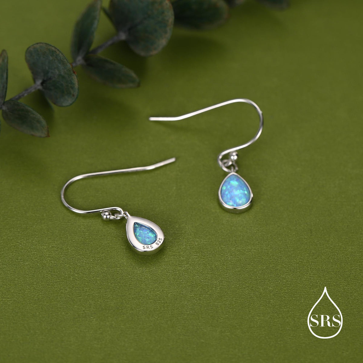 Blue Opal Droplet Drop Hook Earrings in Sterling Silver, Delicate Blue Opal Earrings, Pear Shape Opal Earrings