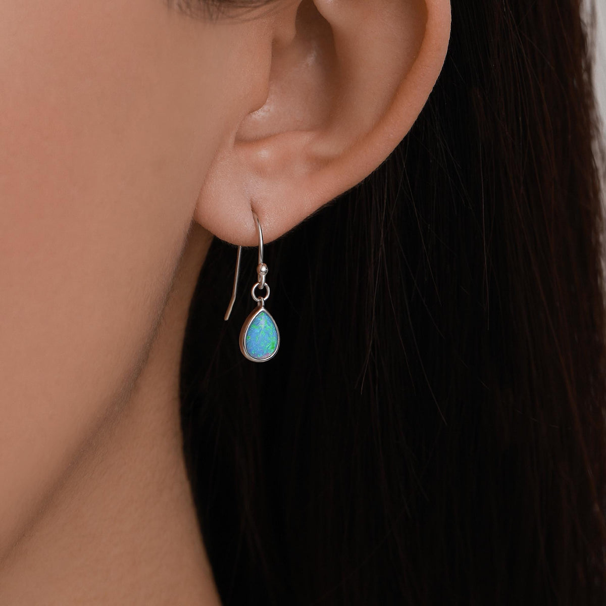 Blue Opal Droplet Drop Hook Earrings in Sterling Silver, Delicate Blue Opal Earrings, Pear Shape Opal Earrings