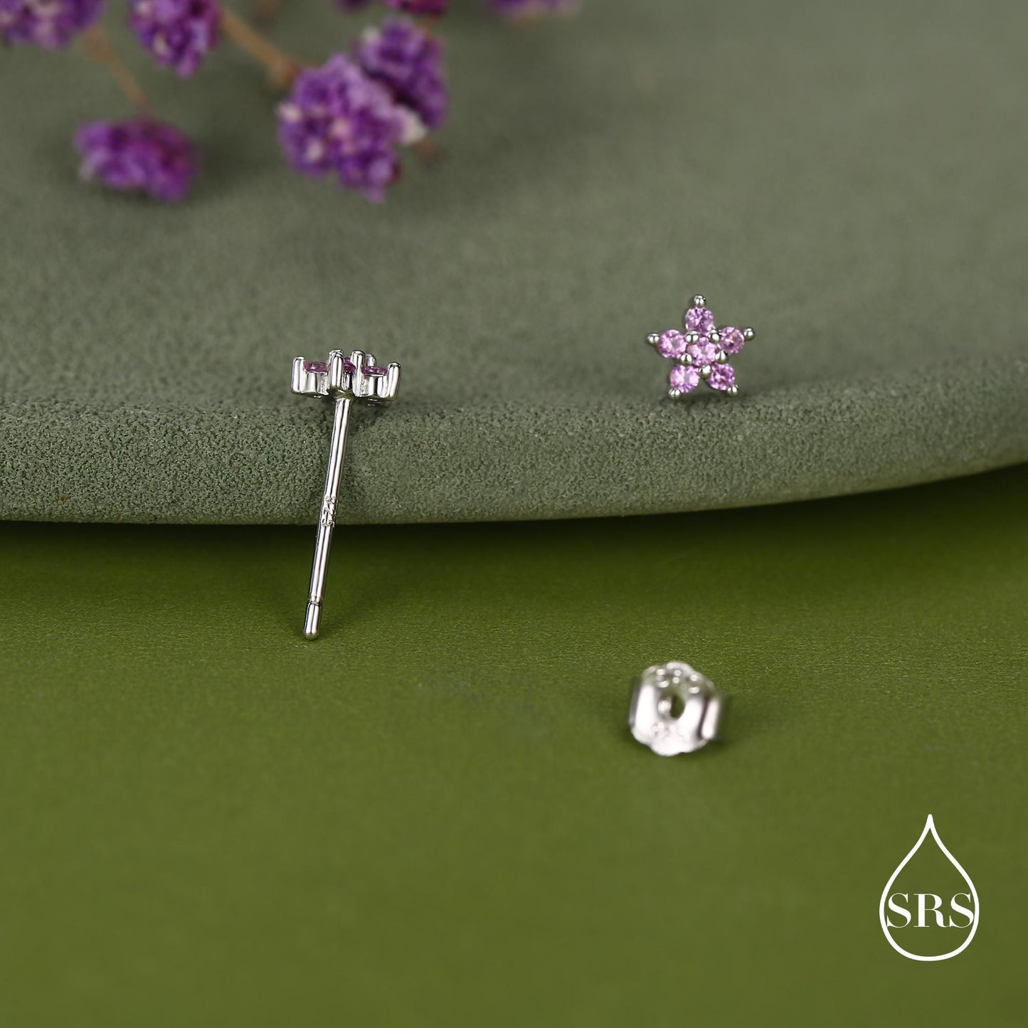 Sterling Silver Tiny Pink CZ Flower Stud Earrings