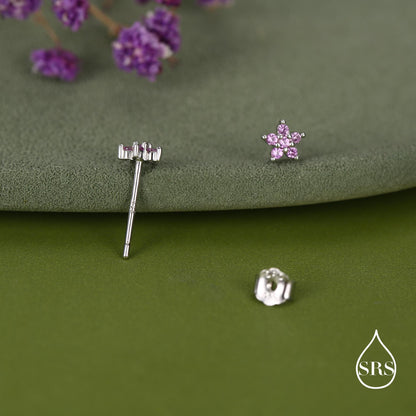 Sterling Silver Tiny Pink CZ Flower Stud Earrings