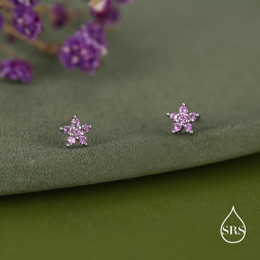 Sterling Silver Tiny Pink CZ Flower Stud Earrings