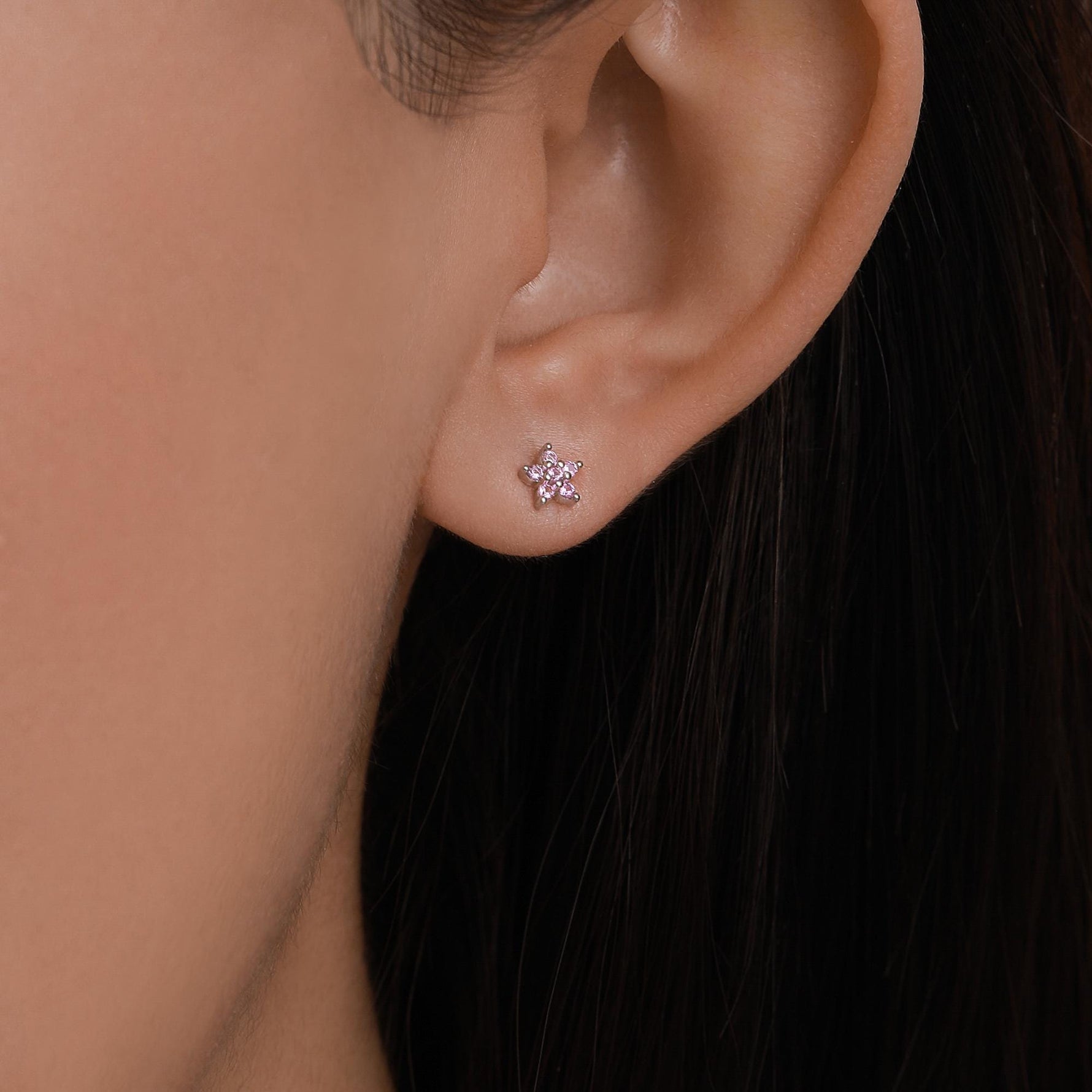 Sterling Silver Tiny Pink CZ Flower Stud Earrings