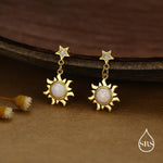 White Opal Sun and Star Dangle Stud Earrings in Sterling Silver, Silver or Gold, Star and Sun Lab Opal Celestial Earring