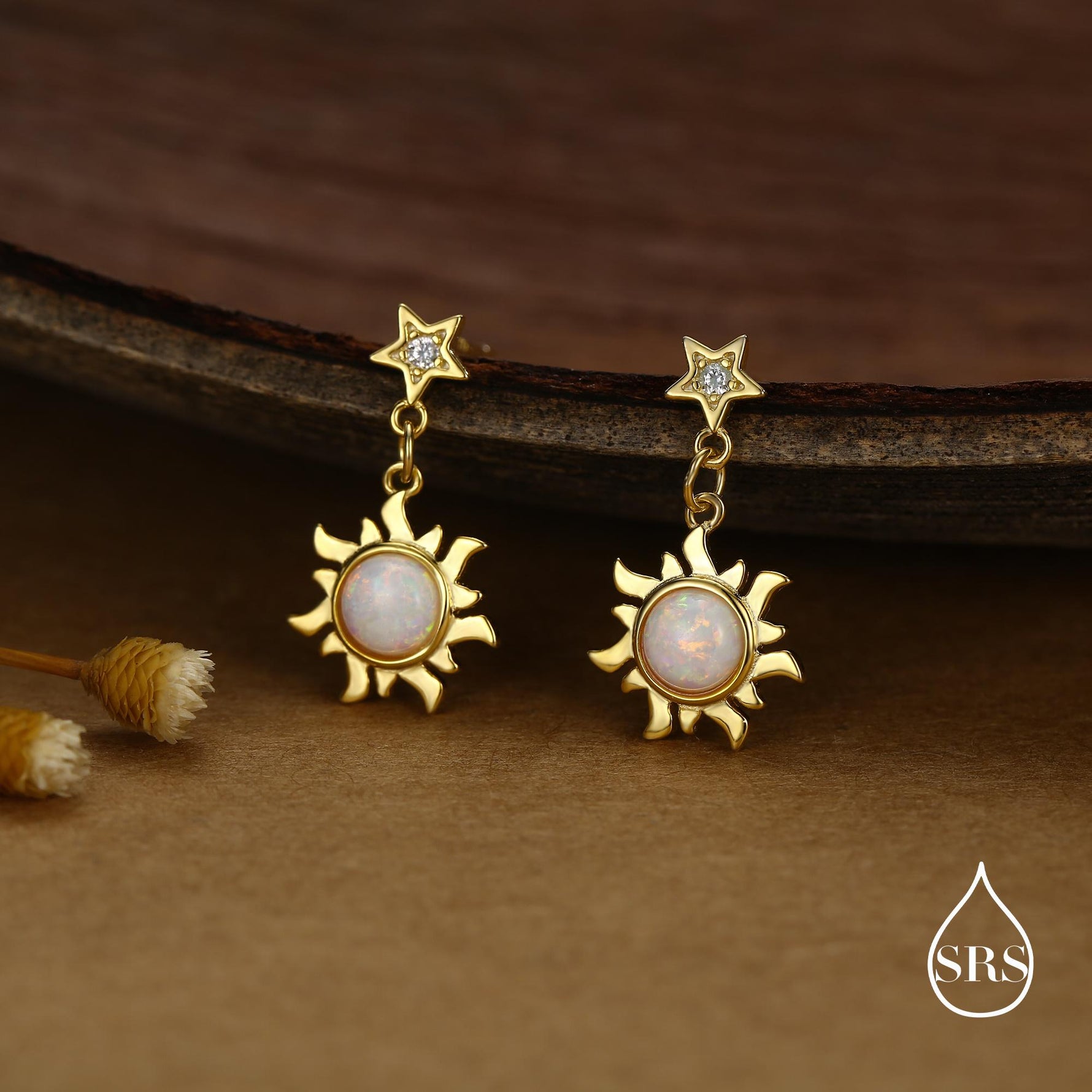 White Opal Sun and Star Dangle Stud Earrings in Sterling Silver, Silver or Gold, Star and Sun Lab Opal Celestial Earring