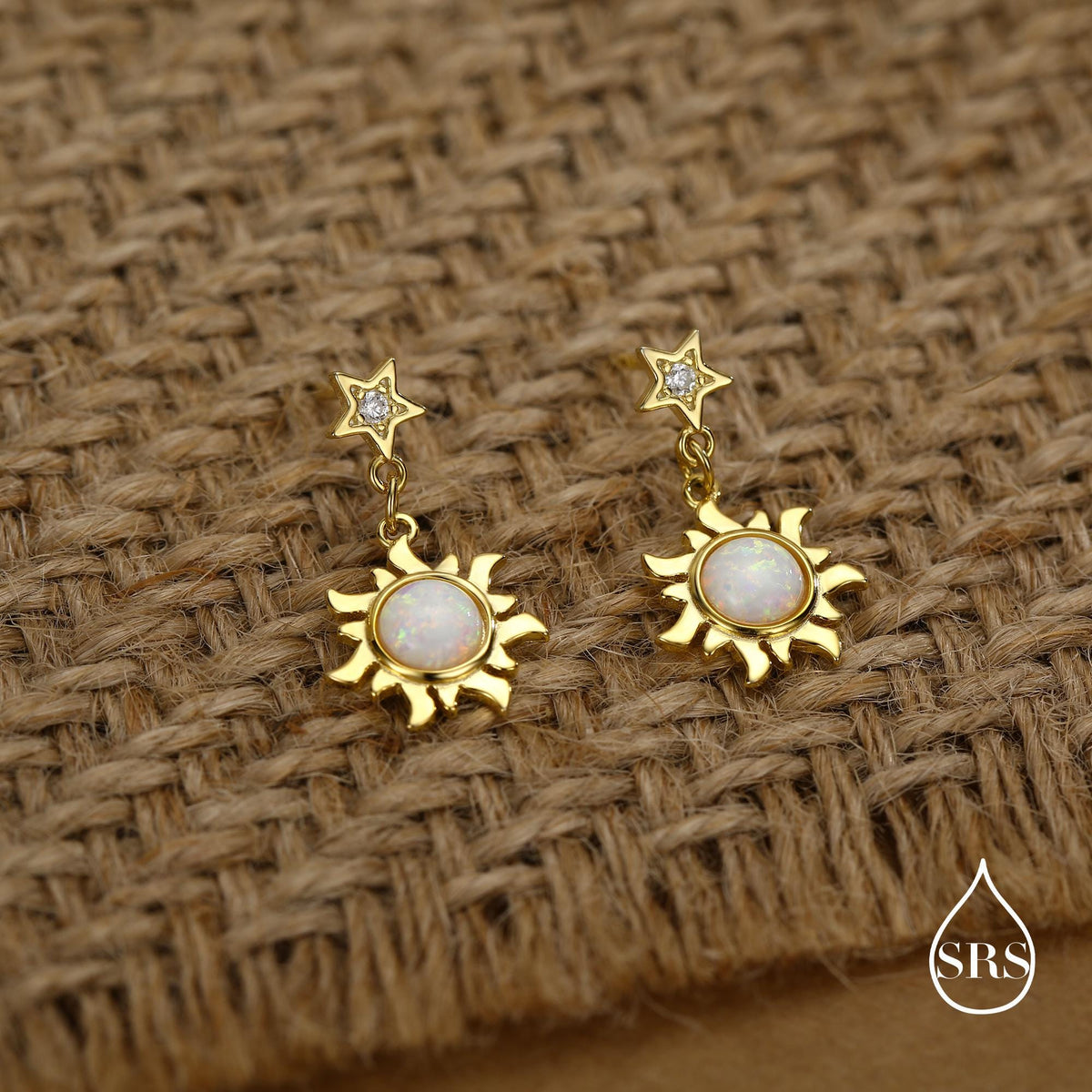 White Opal Sun and Star Dangle Stud Earrings in Sterling Silver, Silver or Gold, Star and Sun Lab Opal Celestial Earring