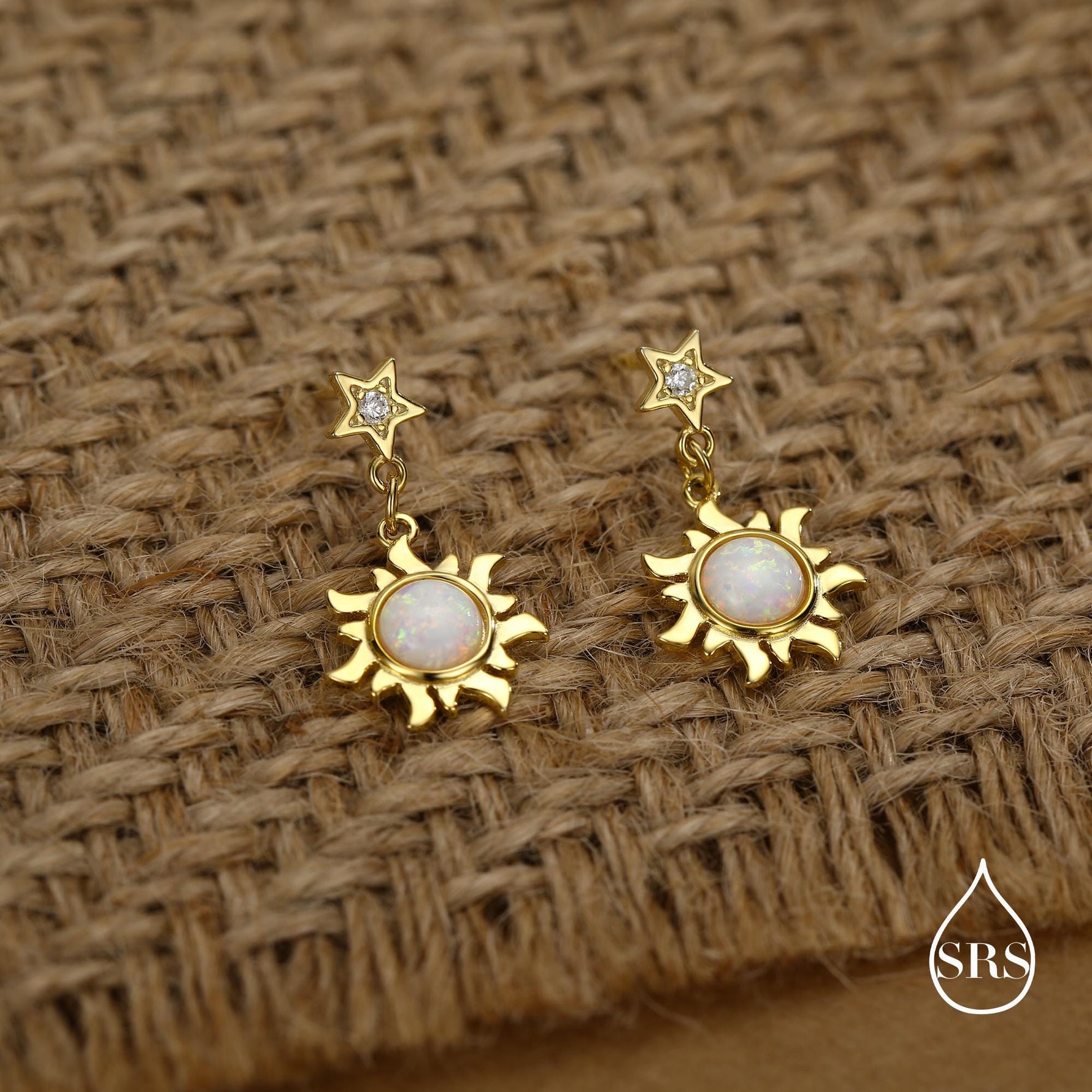 White Opal Sun and Star Dangle Stud Earrings in Sterling Silver, Silver or Gold, Star and Sun Lab Opal Celestial Earring