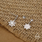 White Opal Sun and Star Dangle Stud Earrings in Sterling Silver, Silver or Gold, Star and Sun Lab Opal Celestial Earring