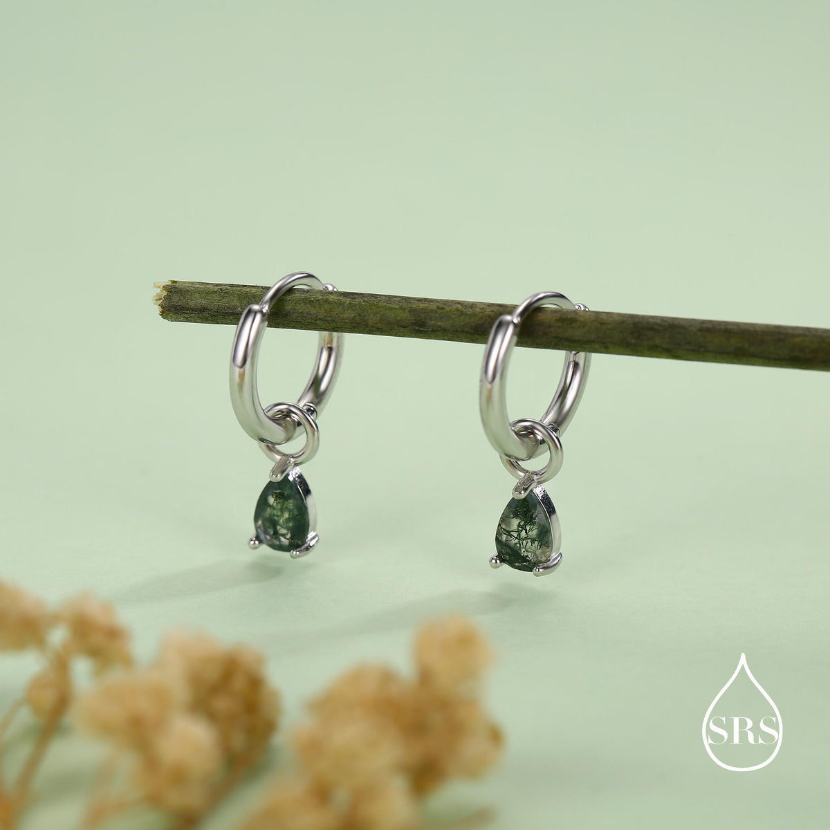 Moss Agate Droplet Huggie Hoop Earrings in Sterling Silver, Nature Inspired Droplet Earrings, Detachable and Interchangable Charms