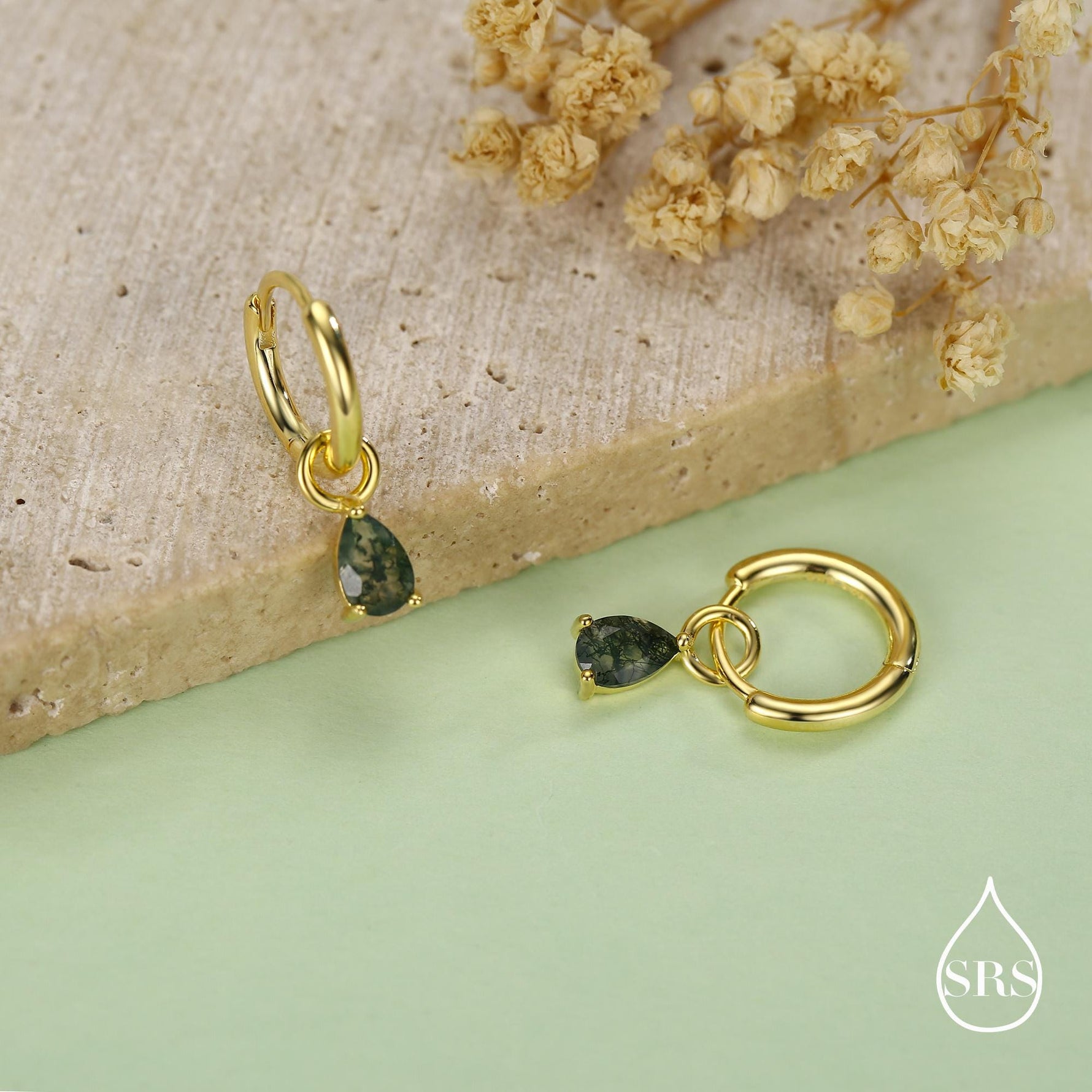 Moss Agate Droplet Huggie Hoop Earrings in Sterling Silver, Nature Inspired Droplet Earrings, Detachable and Interchangable Charms