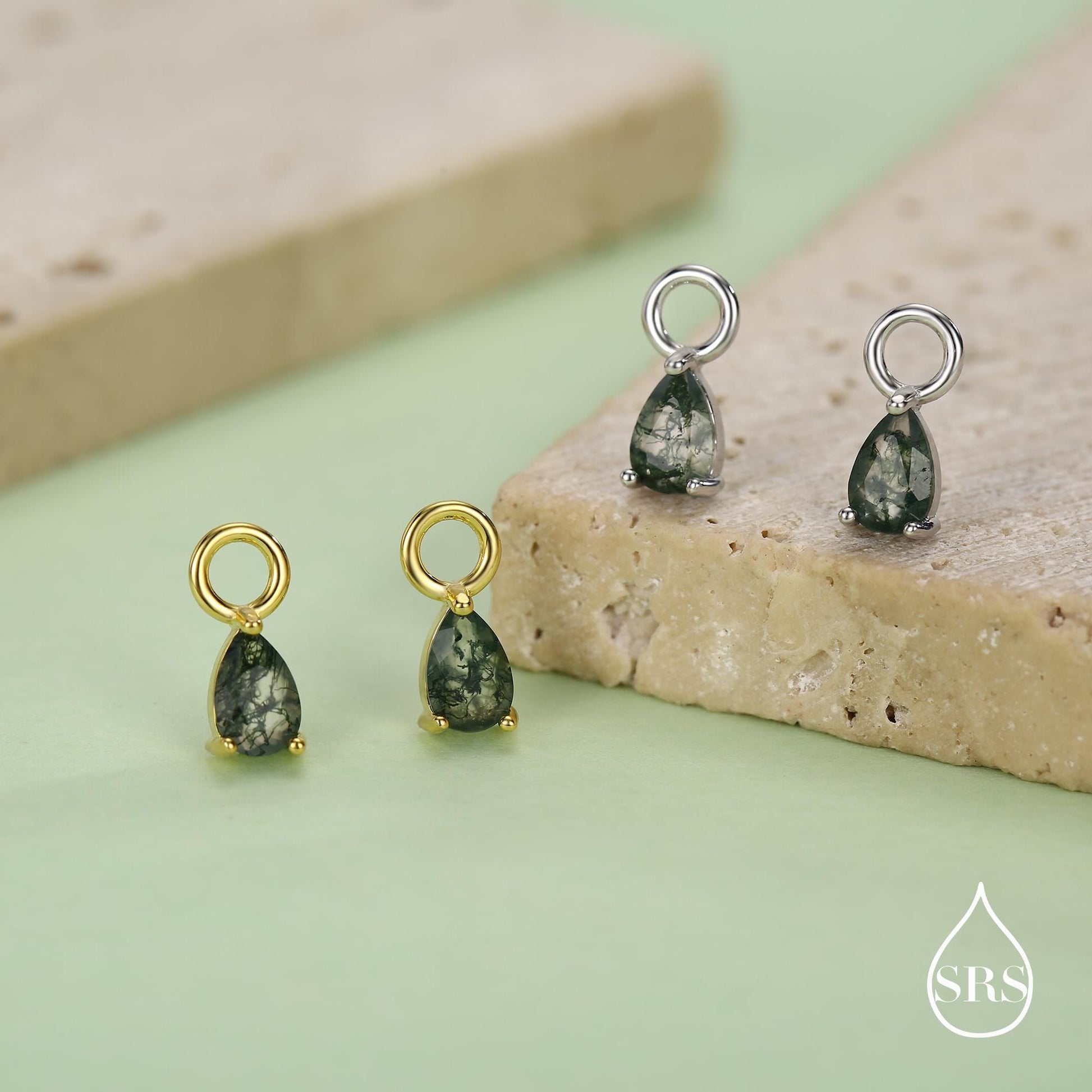Sterling Silver Moss Agate Teardrop Earring Charms