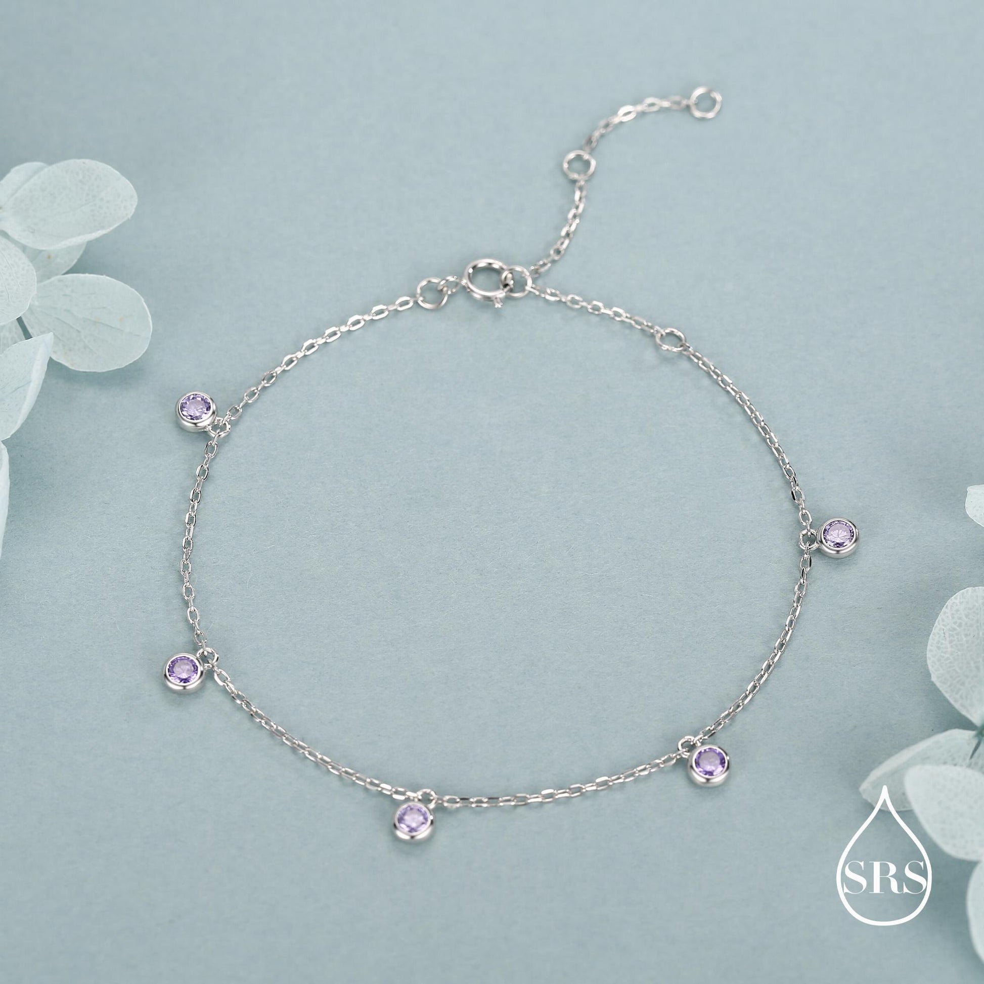 Purple CZ Charm Bracelet in Sterling Silver, Silver or Gold, Amethyst Purple CZ Bracelet, Satellite Bracelet