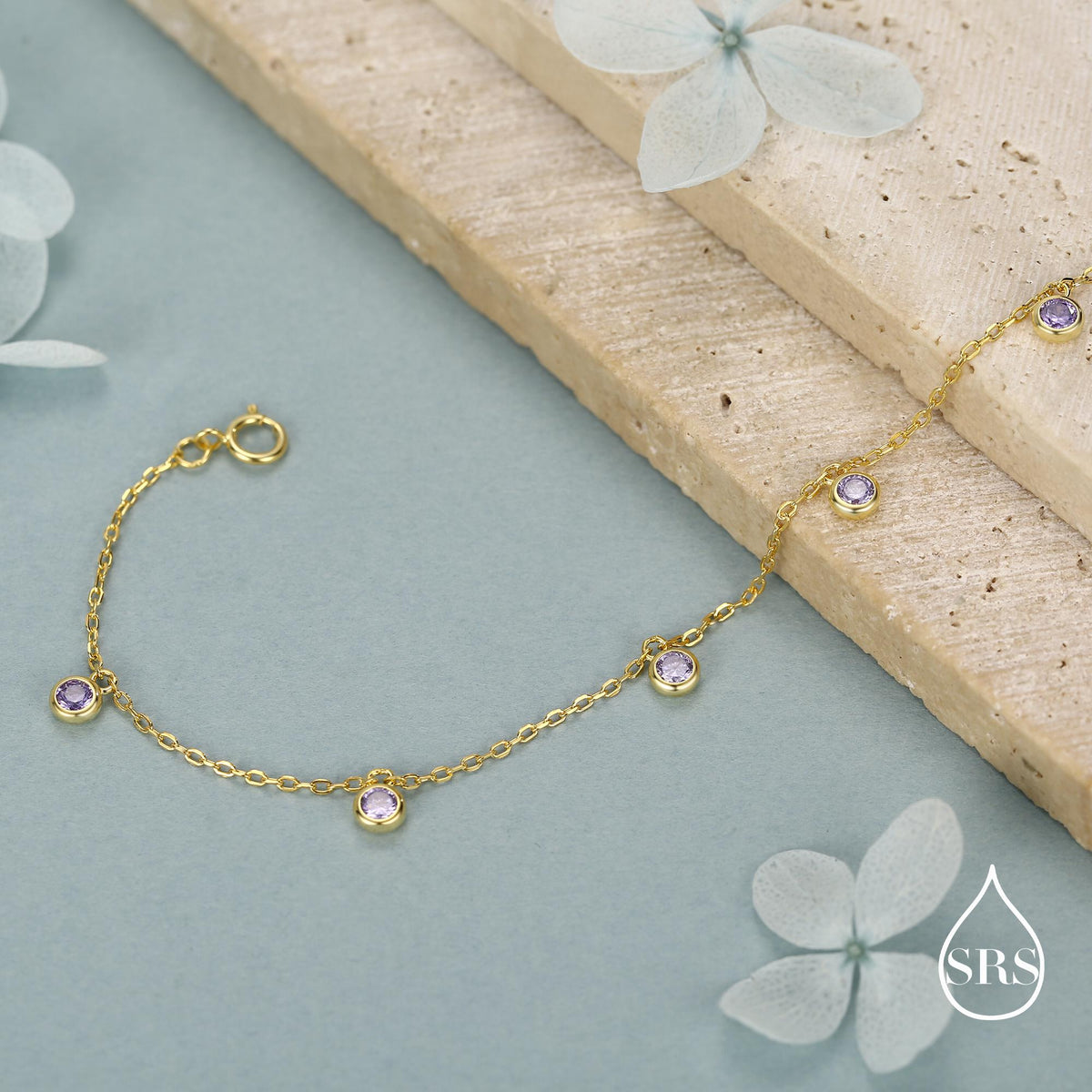 Purple CZ Charm Bracelet in Sterling Silver, Silver or Gold, Amethyst Purple CZ Bracelet, Satellite Bracelet