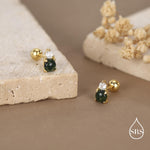 Sterling Silver Moss Agate and CZ Screw Back Stud Earrings with Ball Backs