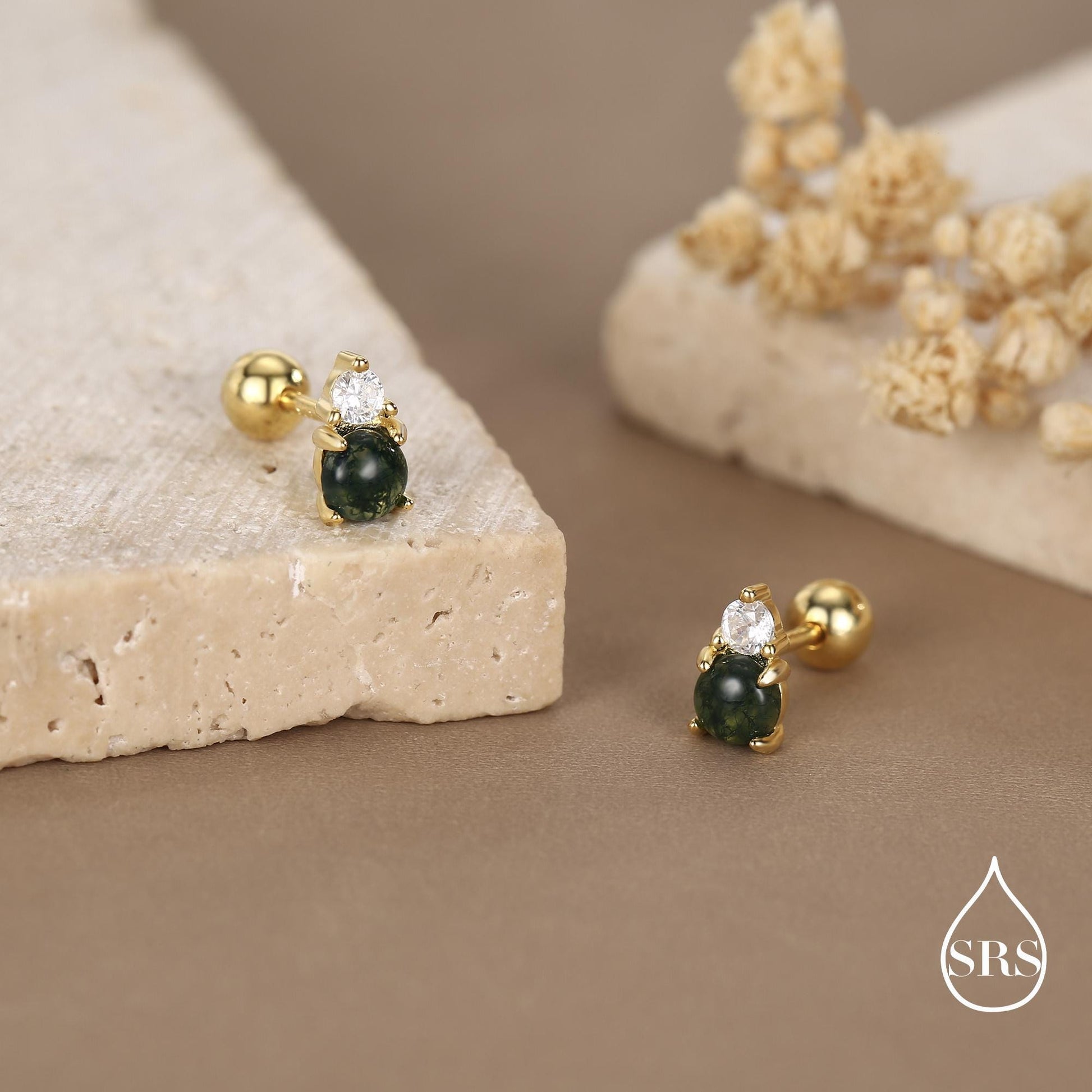 Sterling Silver Moss Agate and CZ Screw Back Stud Earrings with Ball Backs