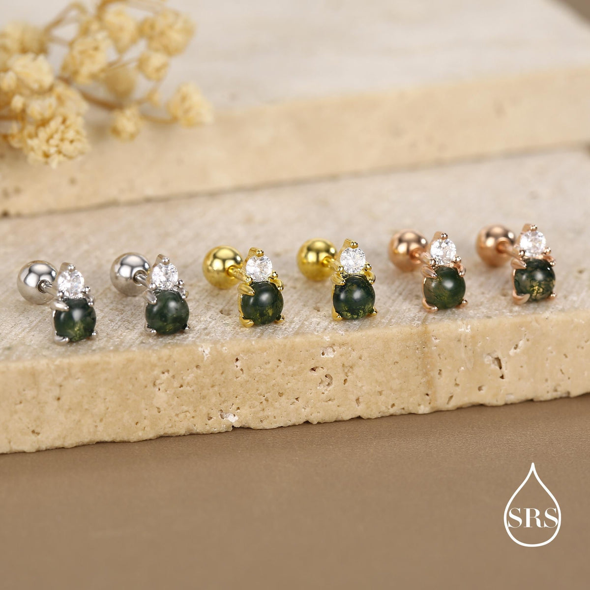 Sterling Silver Moss Agate and CZ Screw Back Stud Earrings with Ball Backs