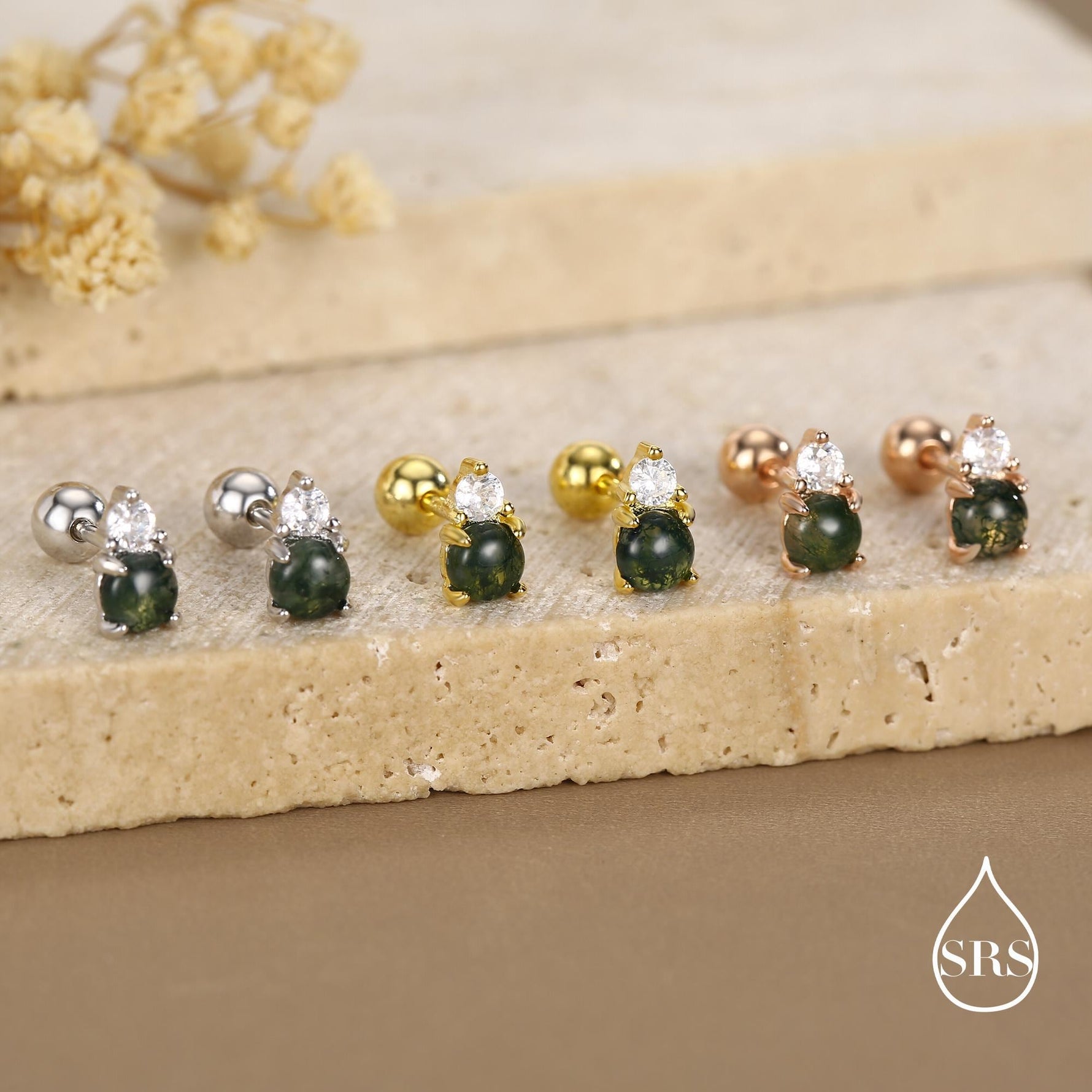 Sterling Silver Moss Agate and CZ Screw Back Stud Earrings with Ball Backs