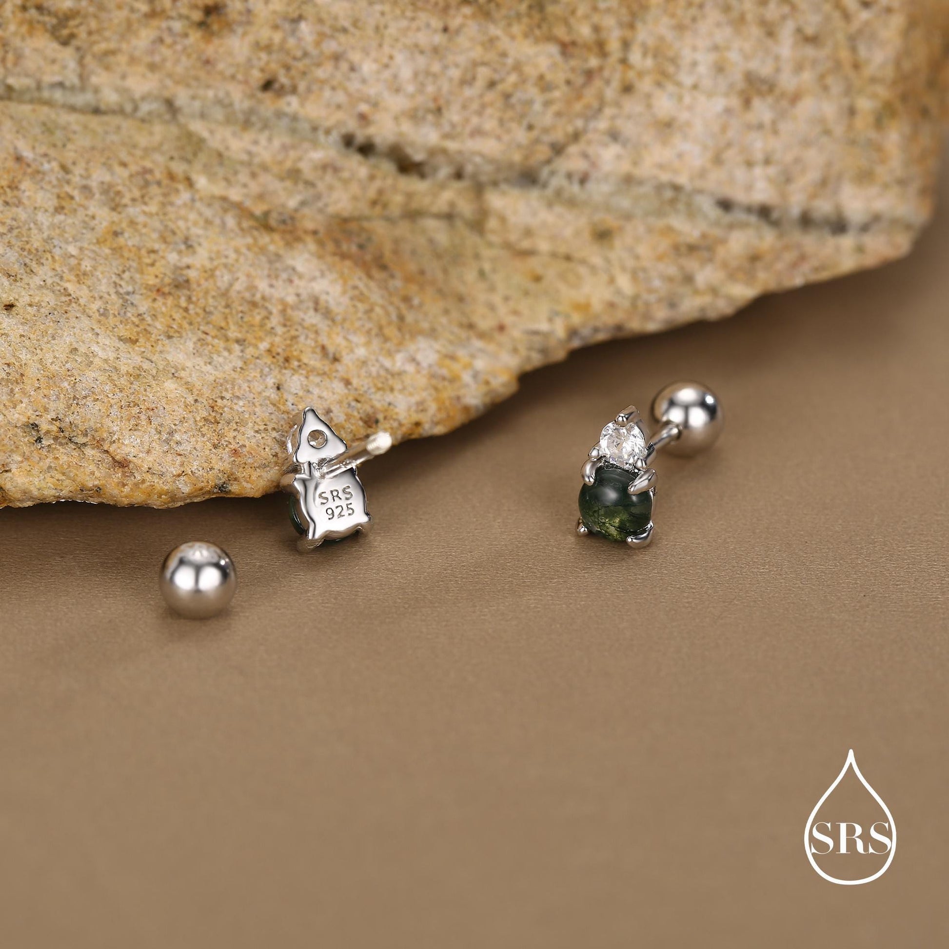Sterling Silver Moss Agate and CZ Screw Back Stud Earrings with Ball Backs