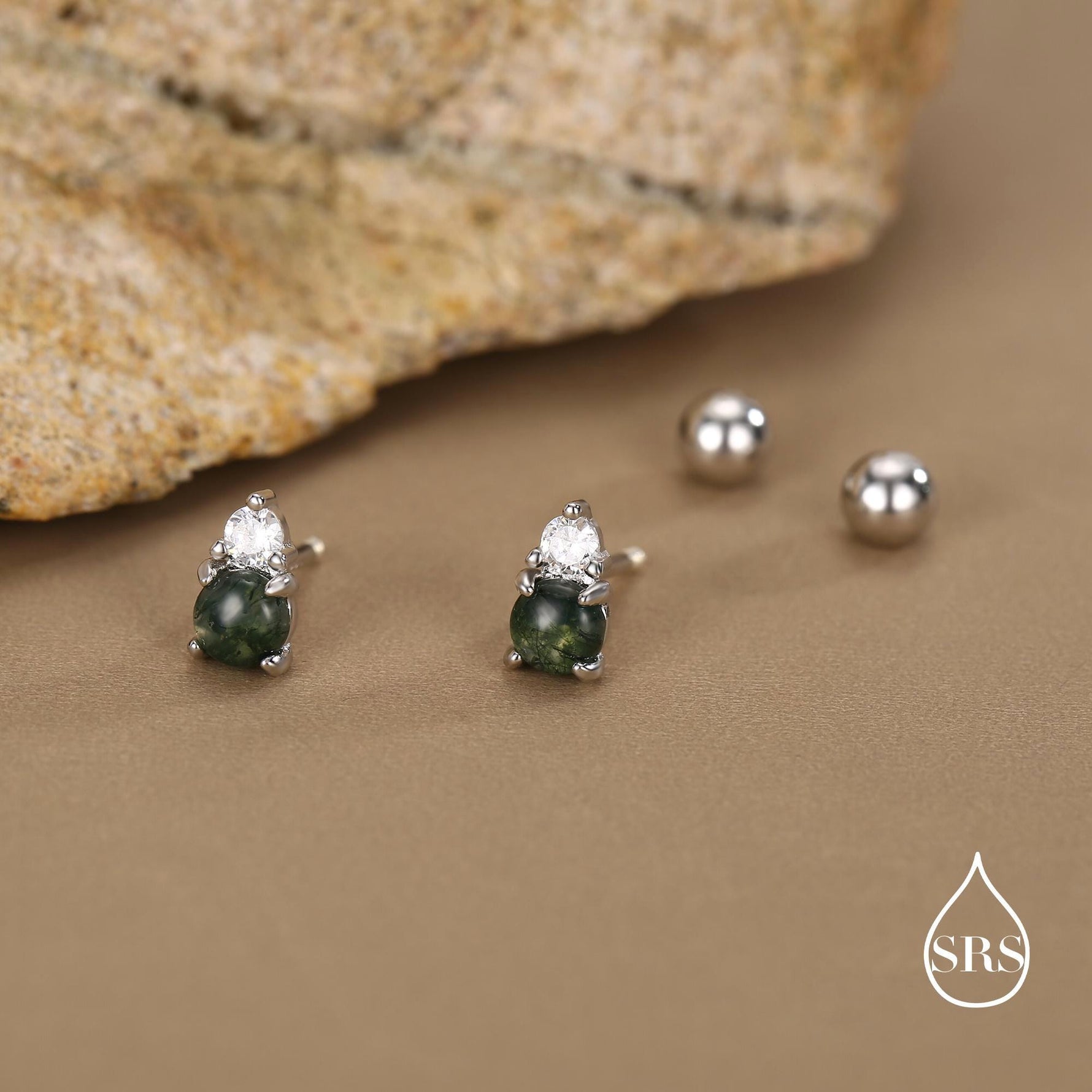 Sterling Silver Moss Agate and CZ Screw Back Stud Earrings with Ball Backs