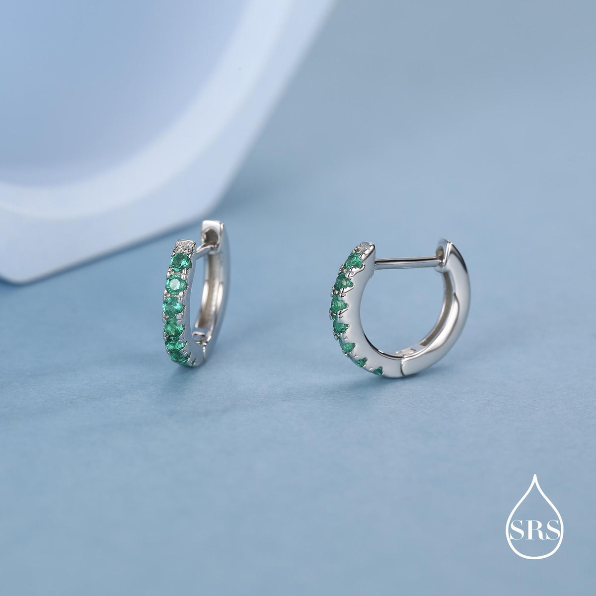 Emerald Green CZ Huggie Hoops in Sterling Silver, Silver or Gold, Minimalist Hoop Earrings, 8mm Hoops, Green Crystal Hoops