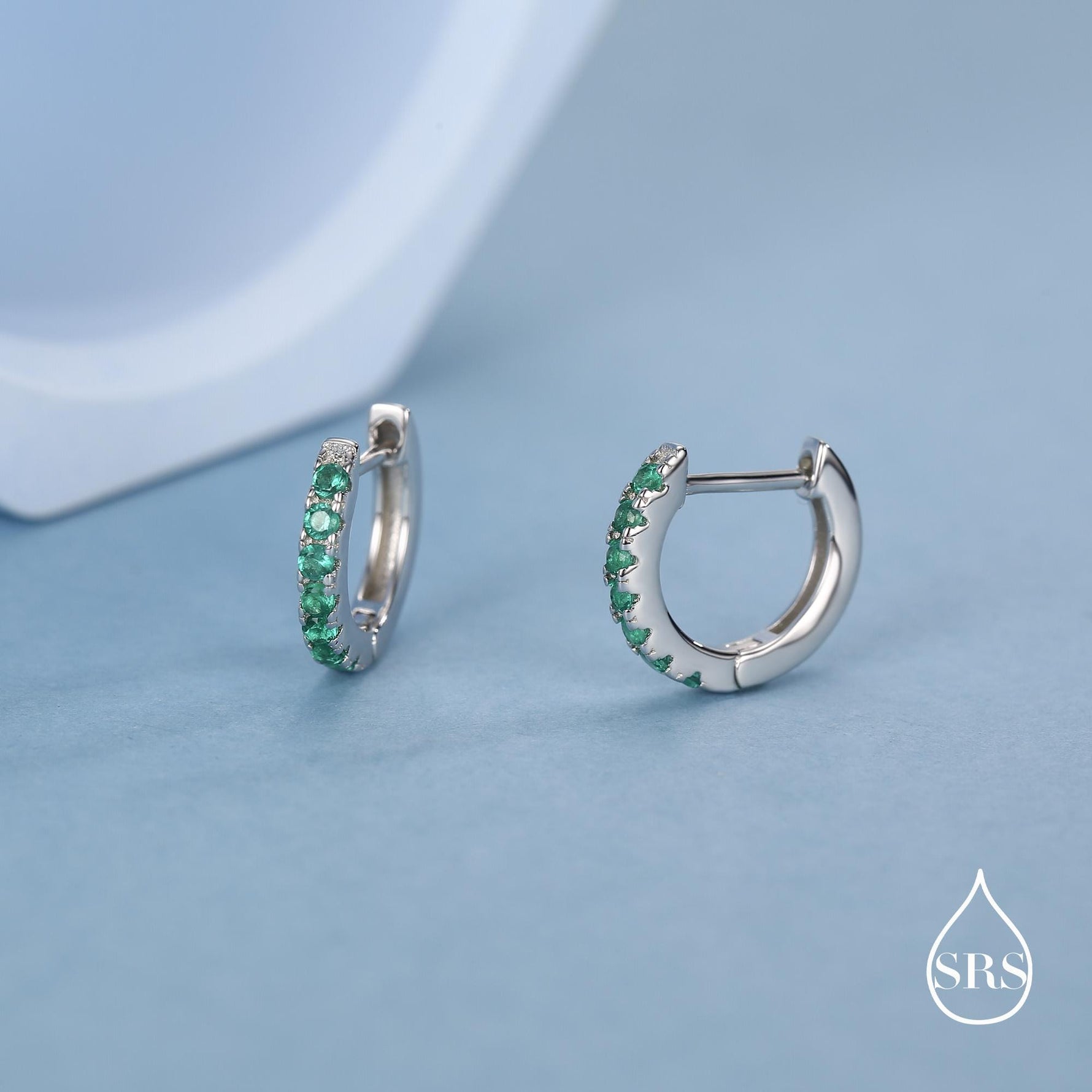 Emerald Green CZ Huggie Hoops in Sterling Silver, Silver or Gold, Minimalist Hoop Earrings, 8mm Hoops, Green Crystal Hoops