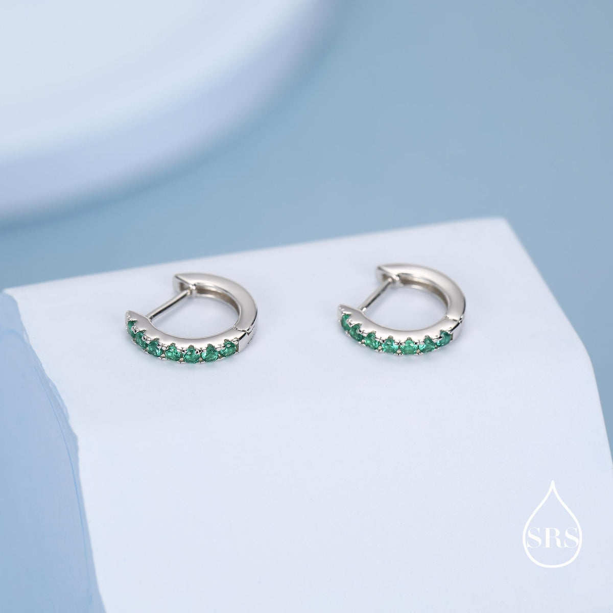 Emerald Green CZ Huggie Hoops in Sterling Silver, Silver or Gold, Minimalist Hoop Earrings, 8mm Hoops, Green Crystal Hoops