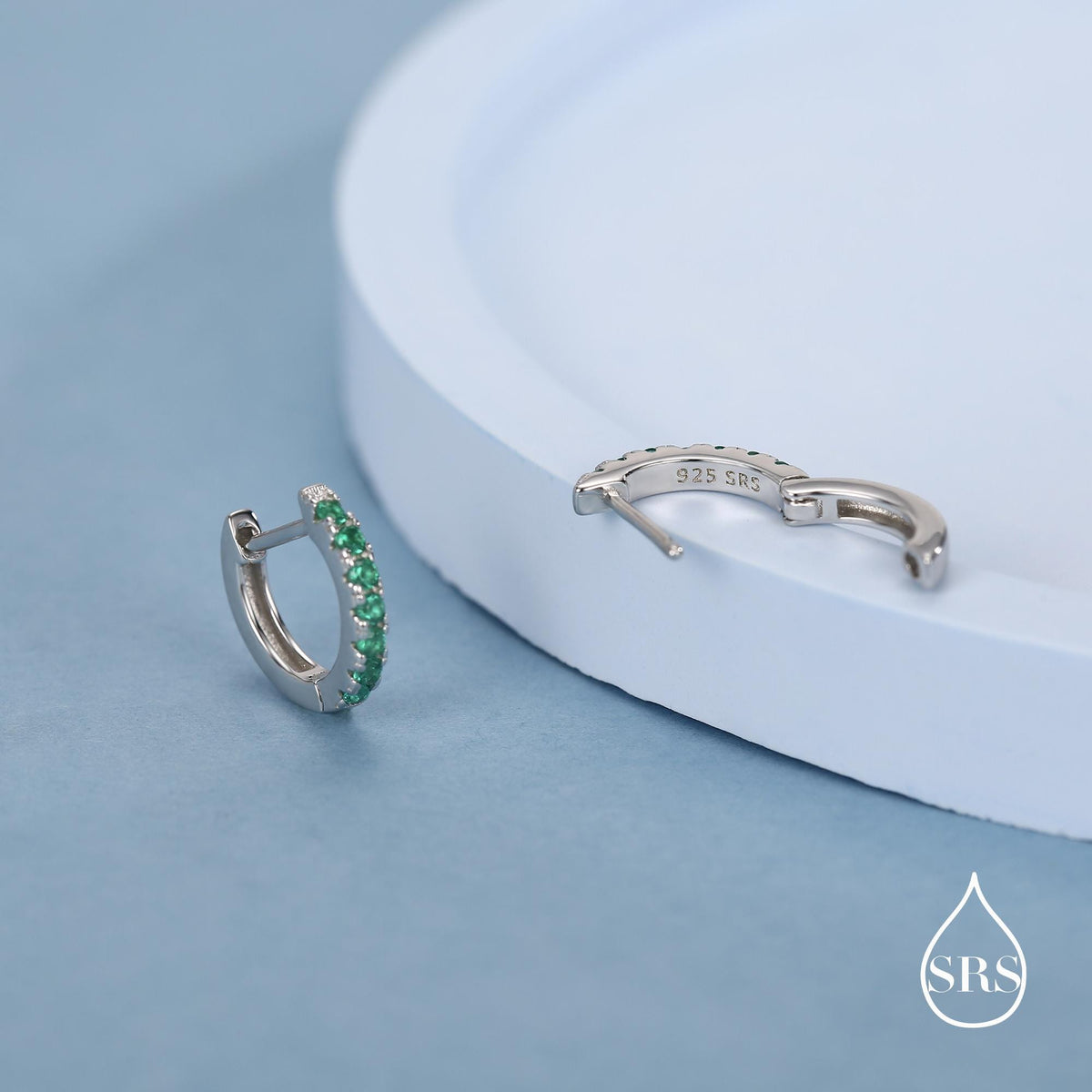 Emerald Green CZ Huggie Hoops in Sterling Silver, Silver or Gold, Minimalist Hoop Earrings, 8mm Hoops, Green Crystal Hoops