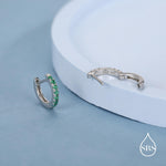 Emerald Green CZ Huggie Hoops in Sterling Silver, Silver or Gold, Minimalist Hoop Earrings, 8mm Hoops, Green Crystal Hoops
