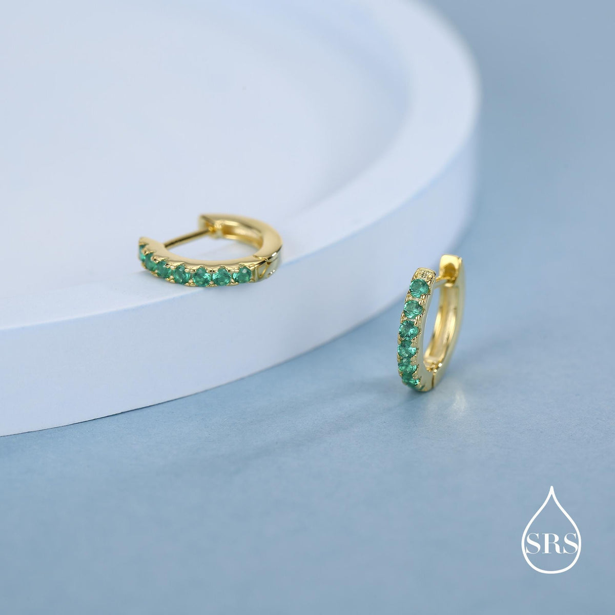 Emerald Green CZ Huggie Hoops in Sterling Silver, Silver or Gold, Minimalist Hoop Earrings, 8mm Hoops, Green Crystal Hoops