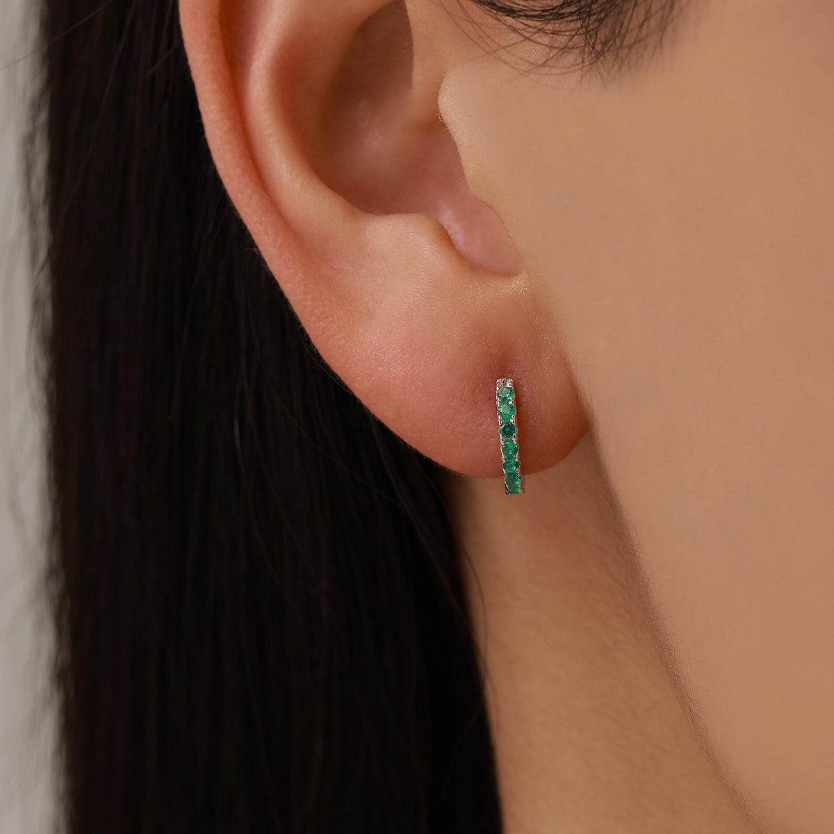 Emerald Green CZ Huggie Hoops in Sterling Silver, Silver or Gold, Minimalist Hoop Earrings, 8mm Hoops, Green Crystal Hoops