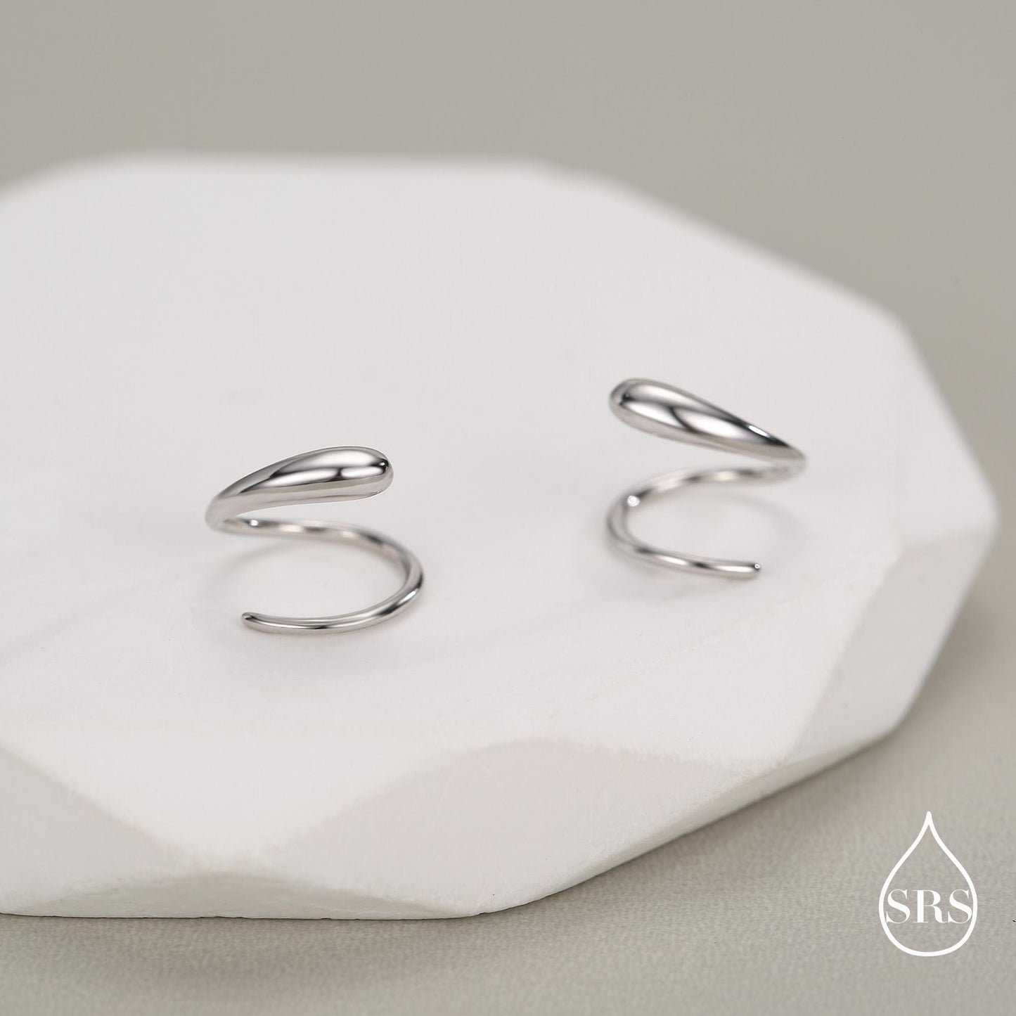 Spiral Hoop Earrings In Sterling Silver, Silver, Gold or Rose Gold, Minimalist Spiral Earrings, Droplet Hoops, Droplet Spirals