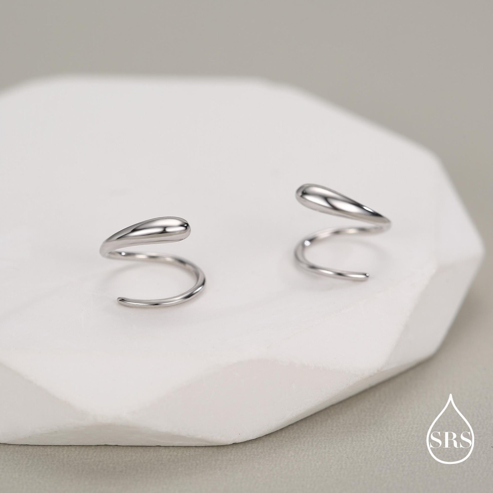 Spiral Hoop Earrings In Sterling Silver, Silver, Gold or Rose Gold, Minimalist Spiral Earrings, Droplet Hoops, Droplet Spirals