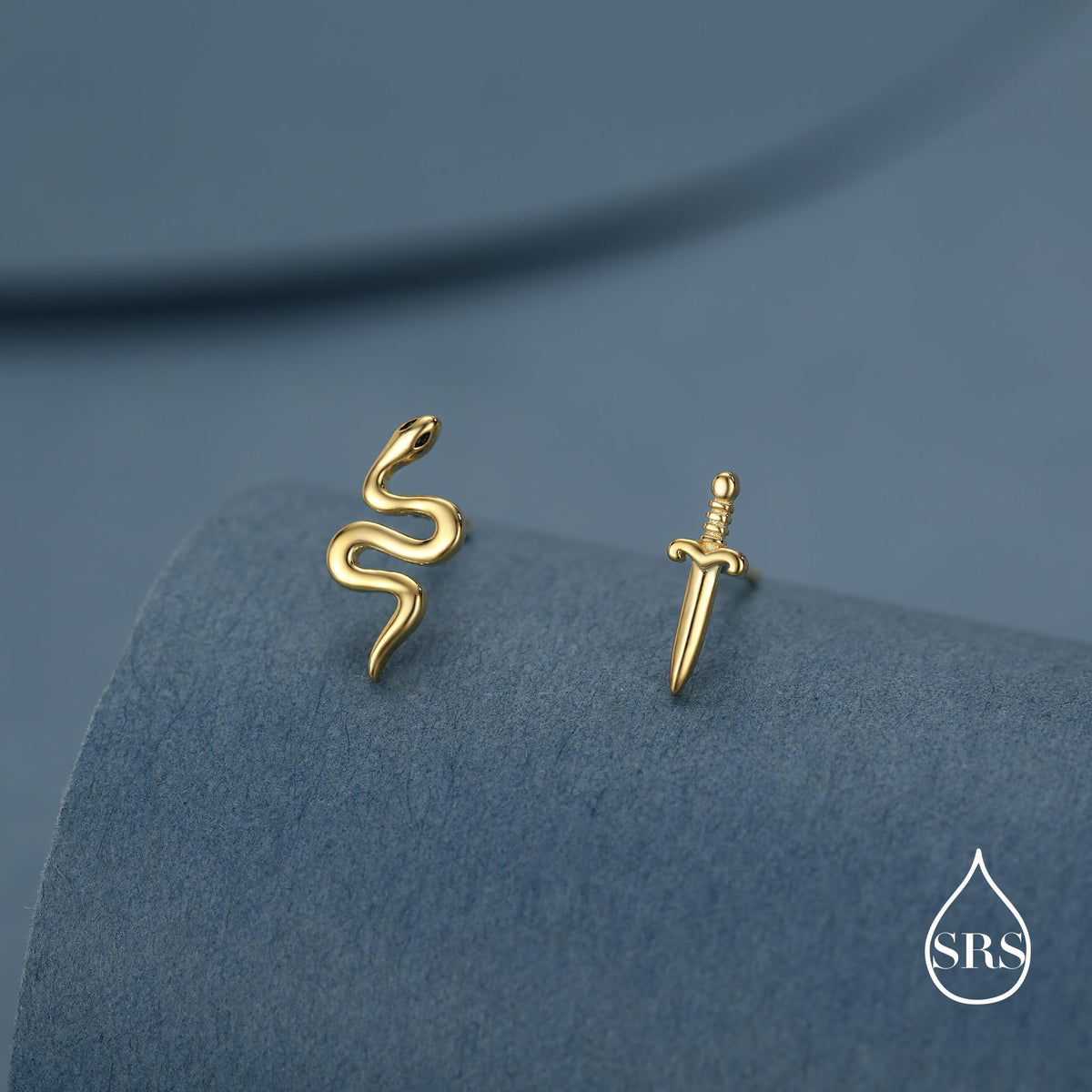 Mismatched Sword and Snake Stud Earrings in Sterling Silver, Silver or Gold Finish, Asymmetric Snake and Sword Earrings