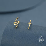 Mismatched Sword and Snake Stud Earrings in Sterling Silver, Silver or Gold Finish, Asymmetric Snake and Sword Earrings