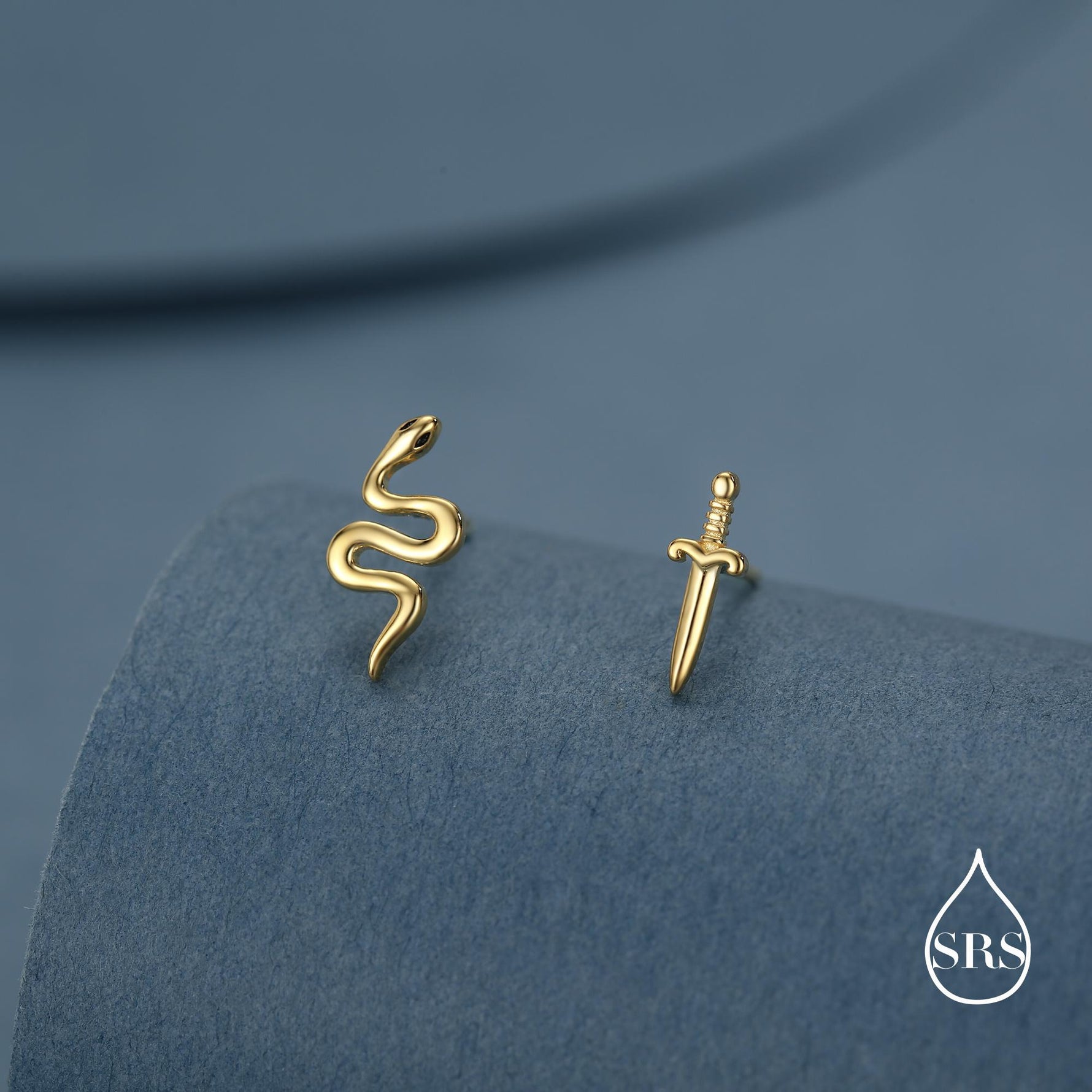 Mismatched Sword and Snake Stud Earrings in Sterling Silver, Silver or Gold Finish, Asymmetric Snake and Sword Earrings