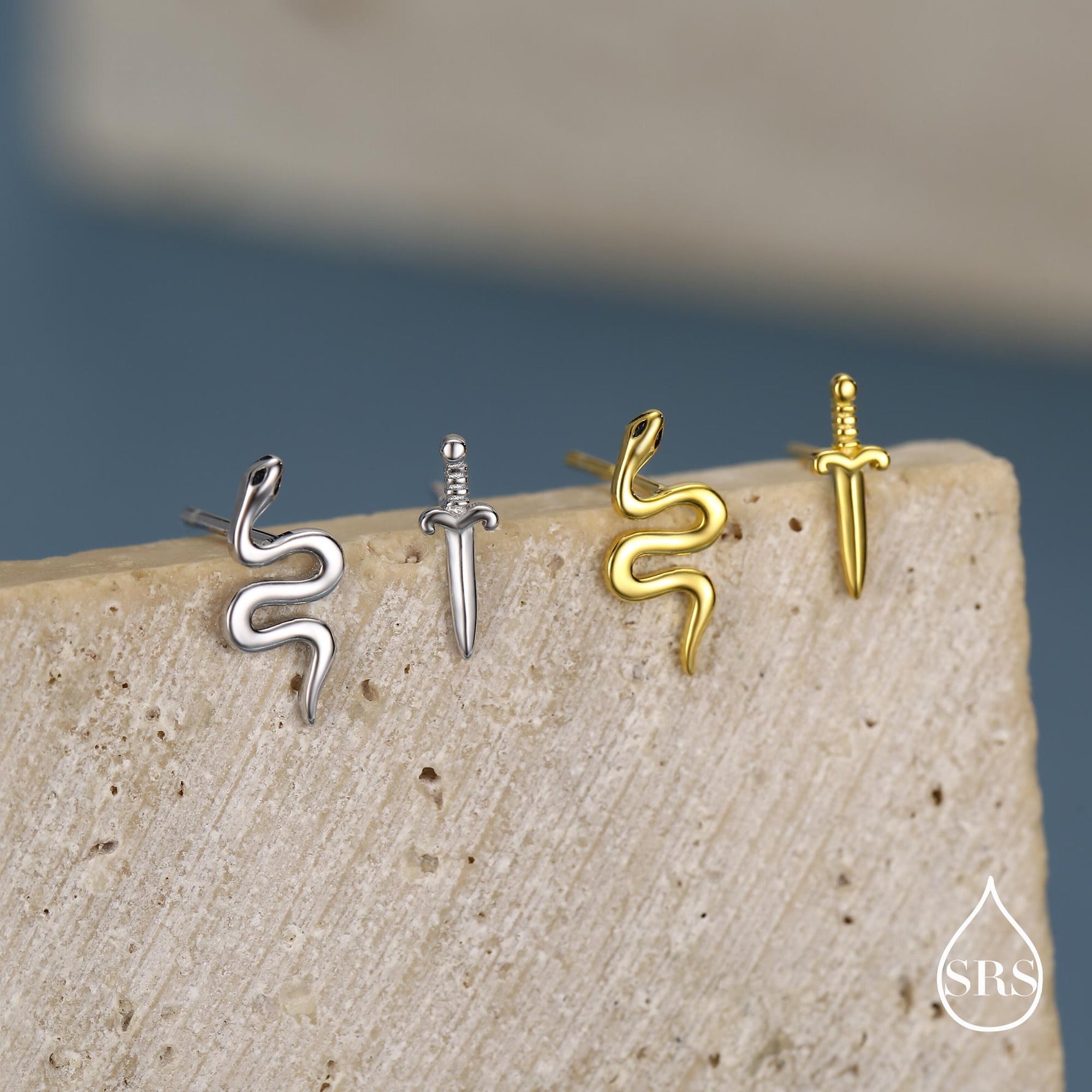 Mismatched Sword and Snake Stud Earrings in Sterling Silver, Silver or Gold Finish, Asymmetric Snake and Sword Earrings