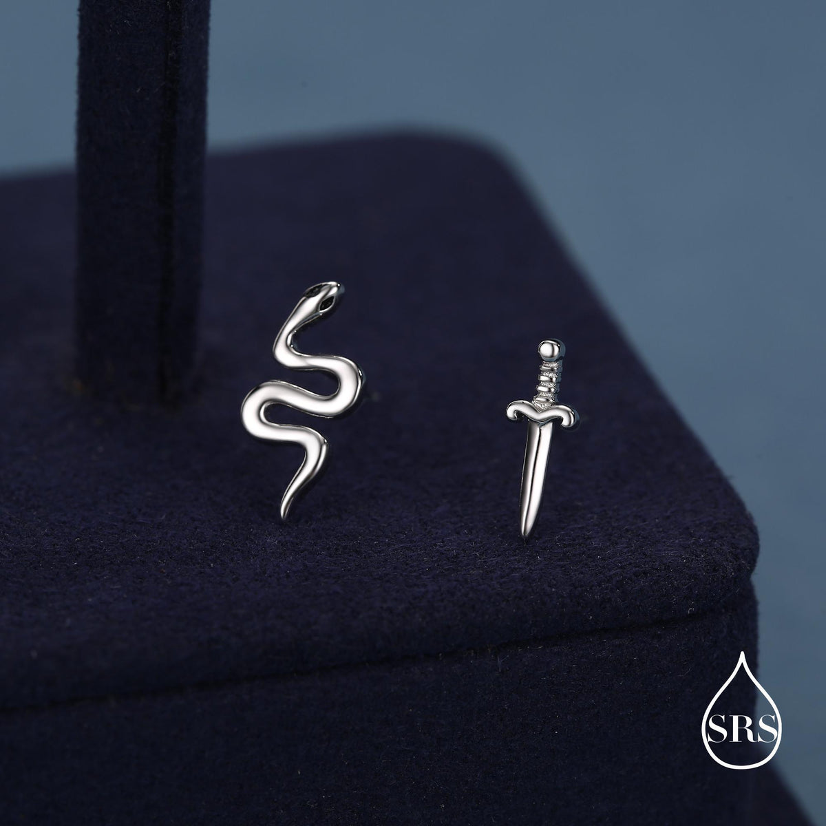 Mismatched Sword and Snake Stud Earrings in Sterling Silver, Silver or Gold Finish, Asymmetric Snake and Sword Earrings