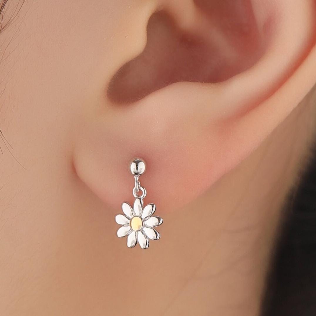 Sterling Silver Daisy Drop Stud Earrings, Delicate Dainty Dangle Daisy Flower Earrings